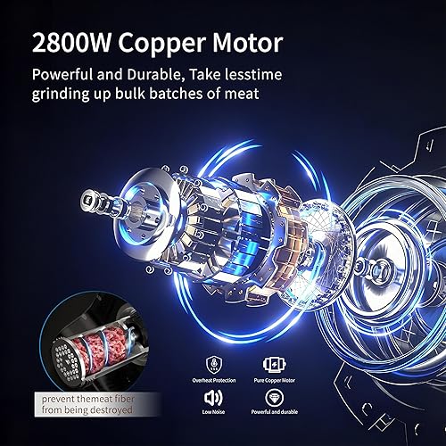 Miniatura 4 de Picadora eléctrica de carne de 2800 W, máquina de relleno de salchichas, trituradora de verduras 4 en 1 con 3 rebanadas, cuchillas trituradoras, 5