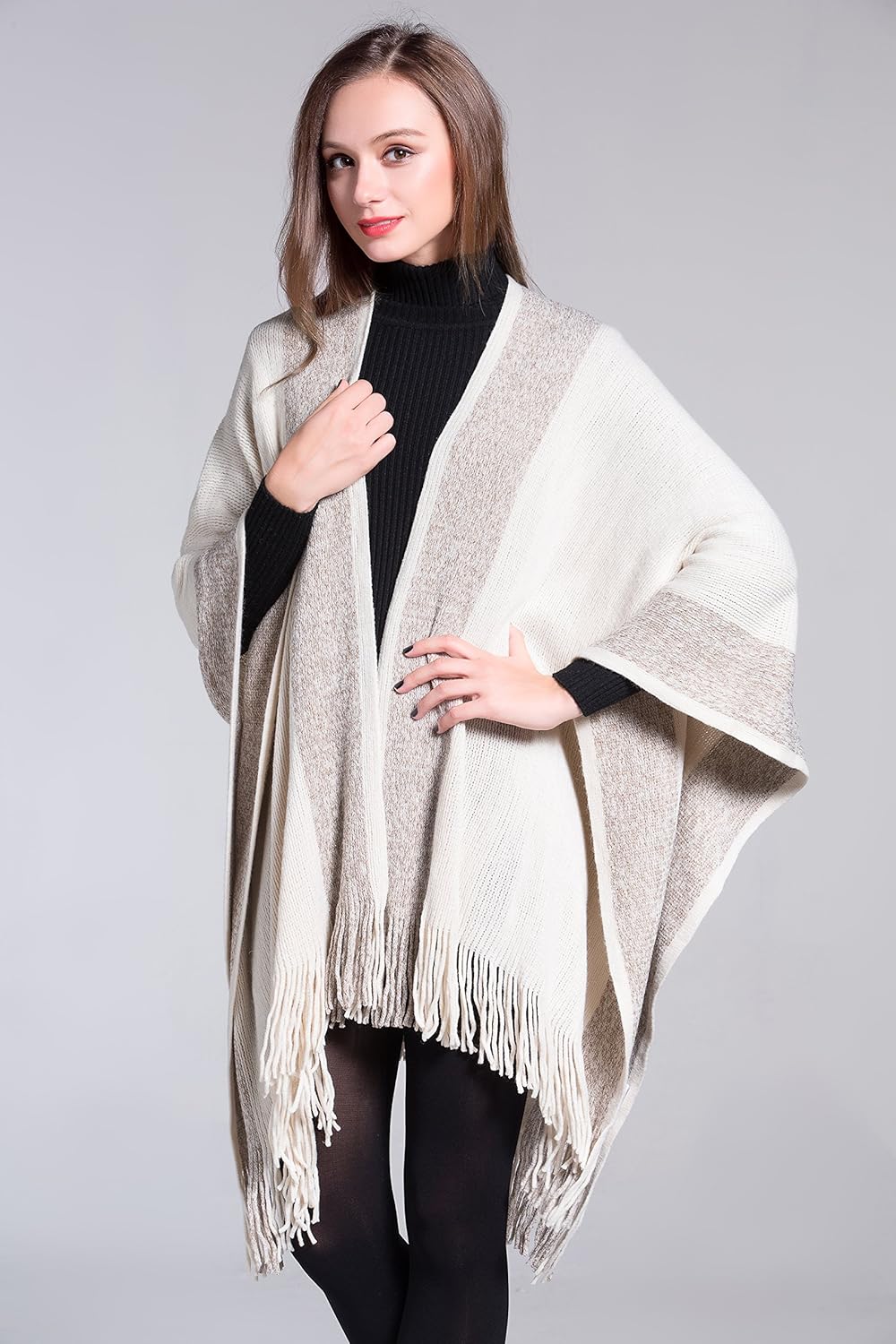 Women's Golden Trim Knit Shawl with Fringe Poncho Dominican