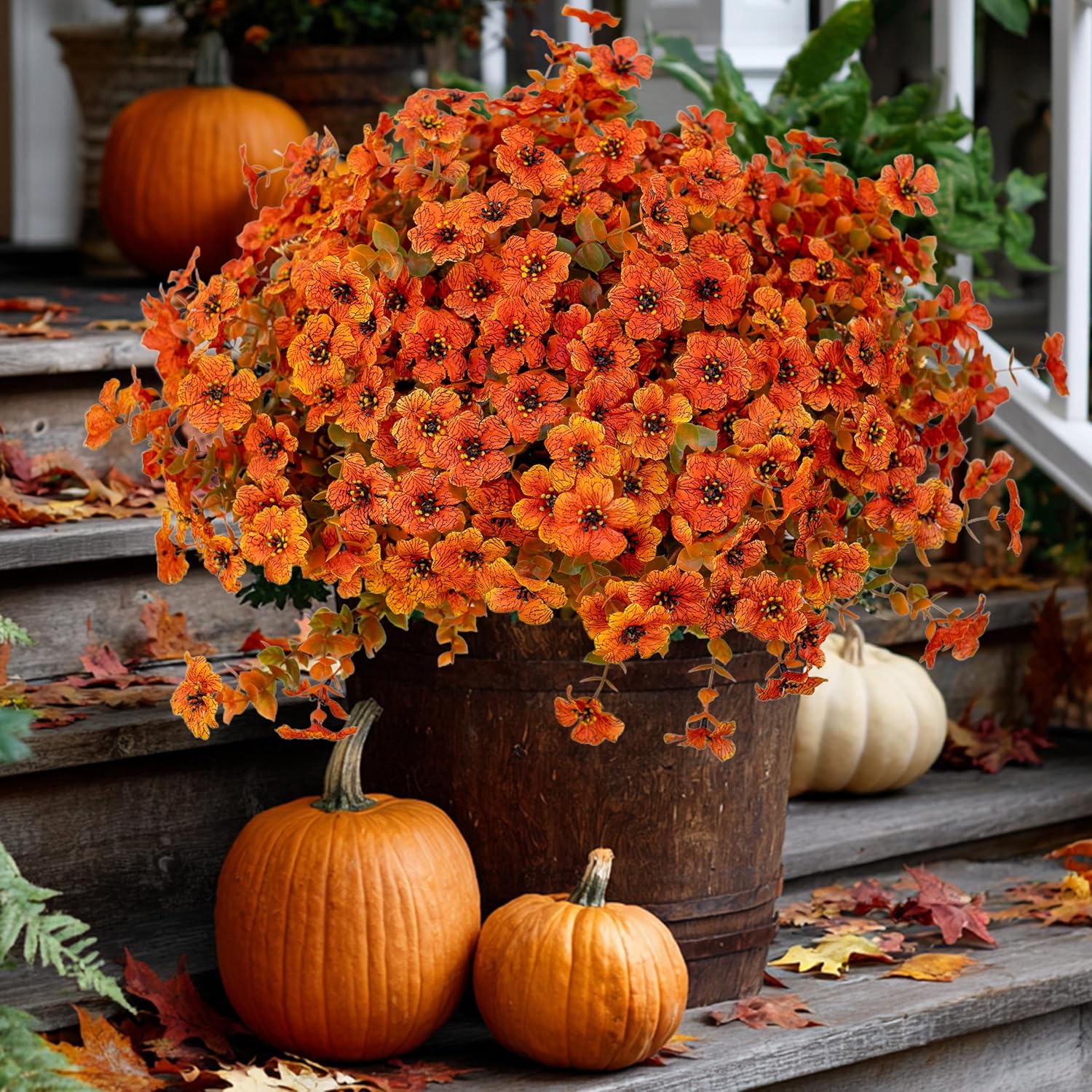 AXYLEX Artificial Fall Flowers Outdoor Fake Mums - 16 Bundles Fake Plants UV Resistant No Fade Faux Plastic Greenery Garden Porch Patio Fall Home Decor (Orangegreen)