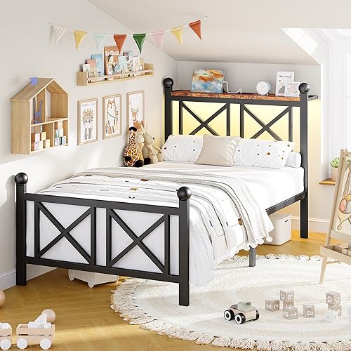 Miniatura 6 de Base de cama negra de tamaño individual con luces LED, cama de metal resistente con cabecera y piecero, estante de almacenamiento con estación de