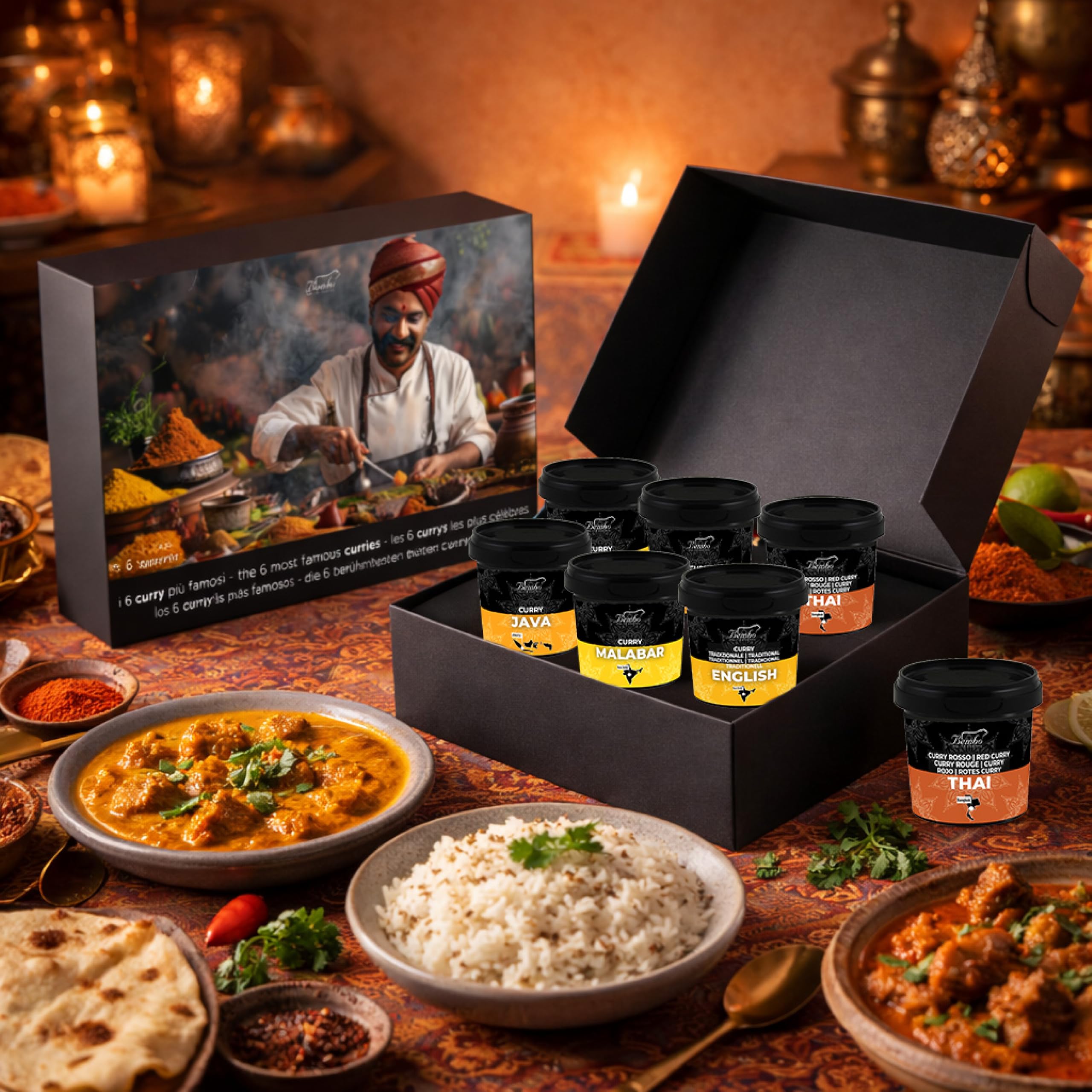 Set 6 Currys del Mundo Bembo – Mezcla de Especias Curry Gourmet – Madras, Goa, Malabar, Java, Inglés, Thai Rojo – Regalo Cocina