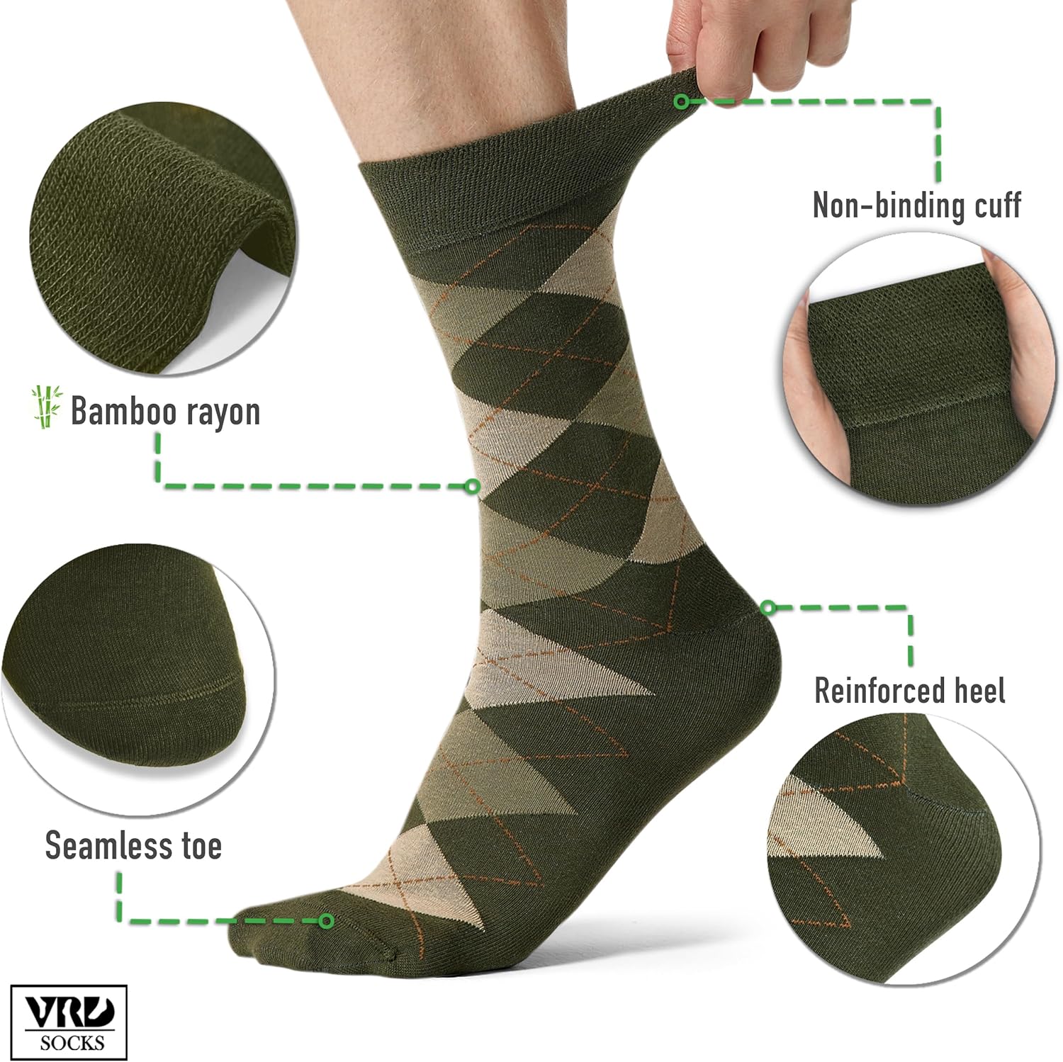 VRD Men’s Dress Socks Bamboo Rayon 5-Pack Crew Socks Fits Shoe Size 8-13 Gift Box - Image 3