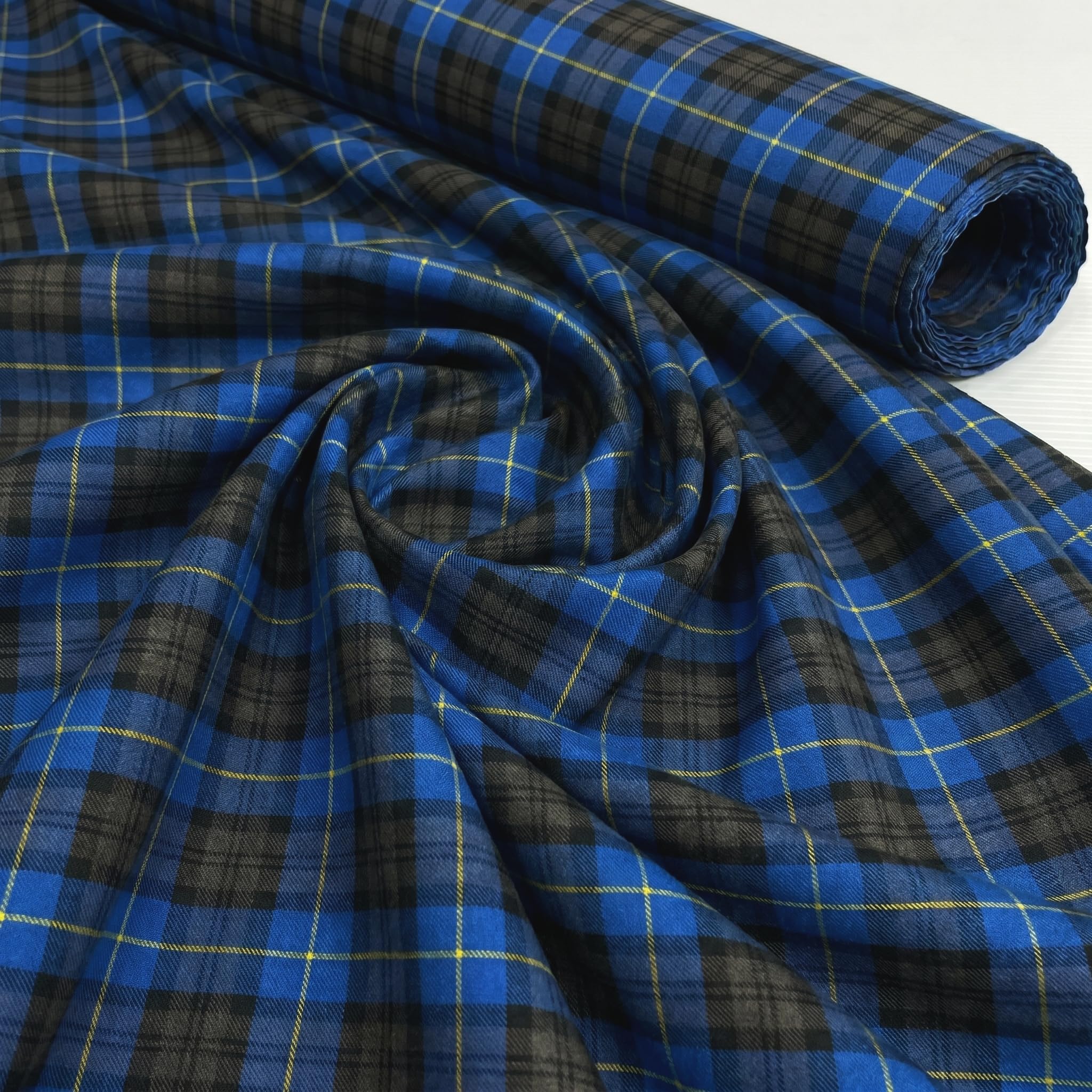 Royal Blue, Grey & Black Poly-Viscose Tartan Yellow Grid Fabric (Per Metre)