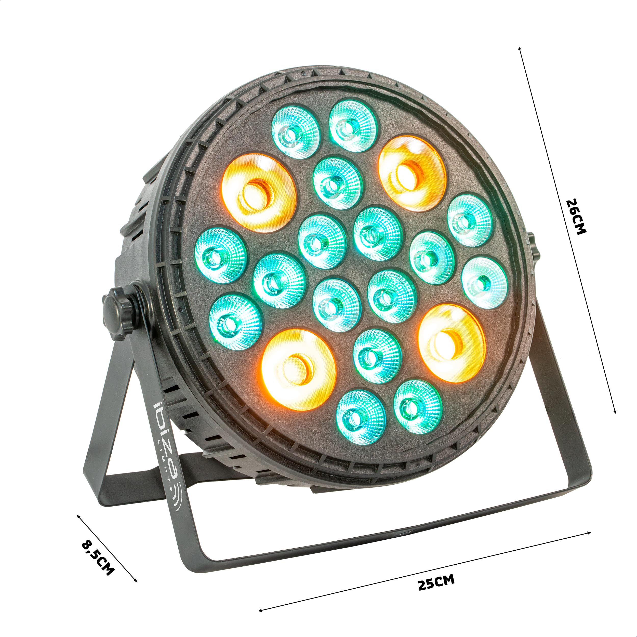 Ibiza - BIGPAR-16RGBW4A - Proiettore PAR XXL - 16 LED RGBW Multicolore + 4 LED ambra - 12 canali DMX - Effetto stroboscopico e dimmer - Telecomando - Serate, feste, palchi, spettacoli, eventi
