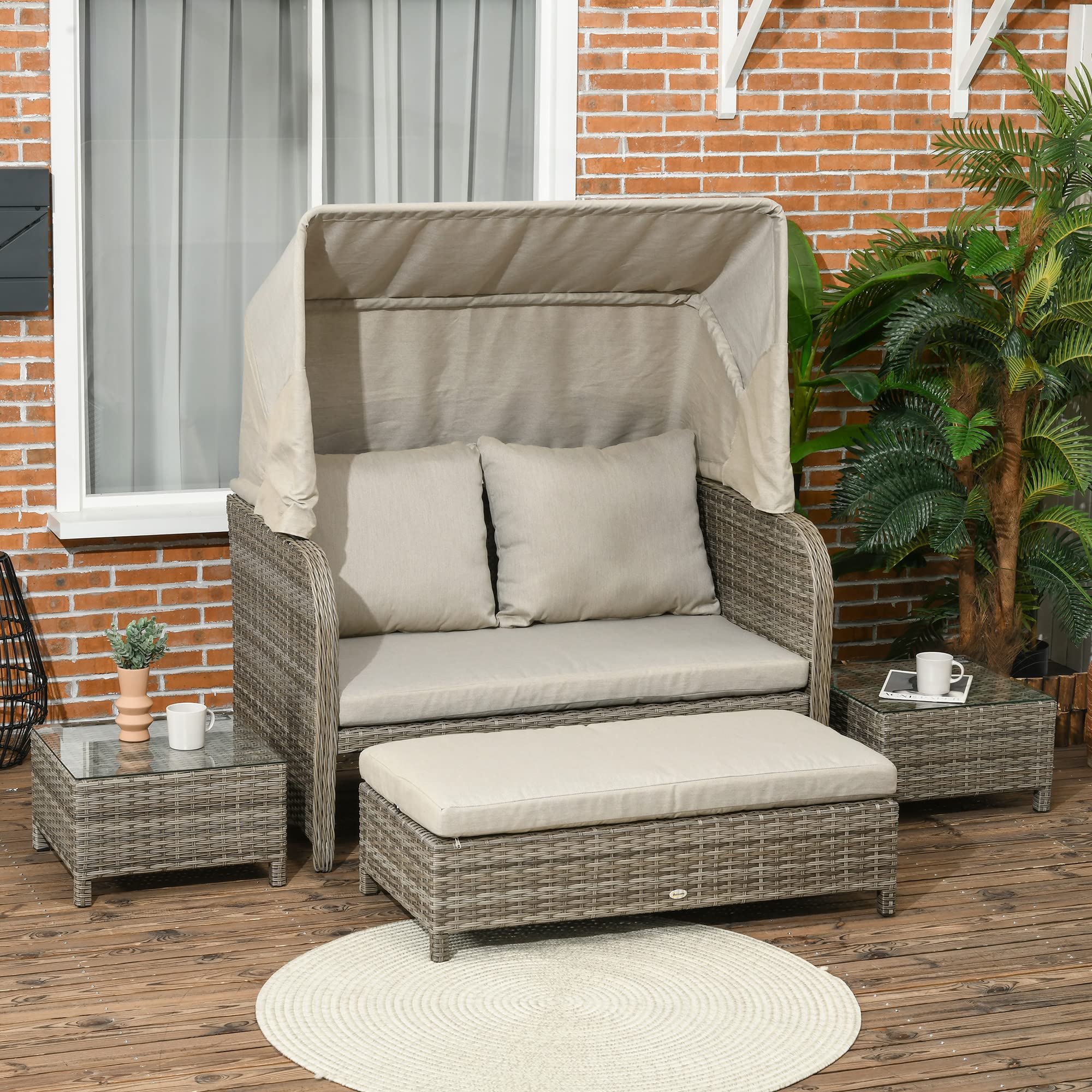 Outsunny Ensemble Salon de Jardin 4 pièces canapé 2 Places + 1 Repose-Pieds + 2 Table Basse avec Coussins - métal galvanisé et résine Aspect rotin - Beige Marron