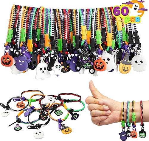 JOYIN Juego de 60 pulseras con cremallera de Halloween, pulseras de amistad con cremallera para regalo de niños, abalorios de Halloween, rellenos de