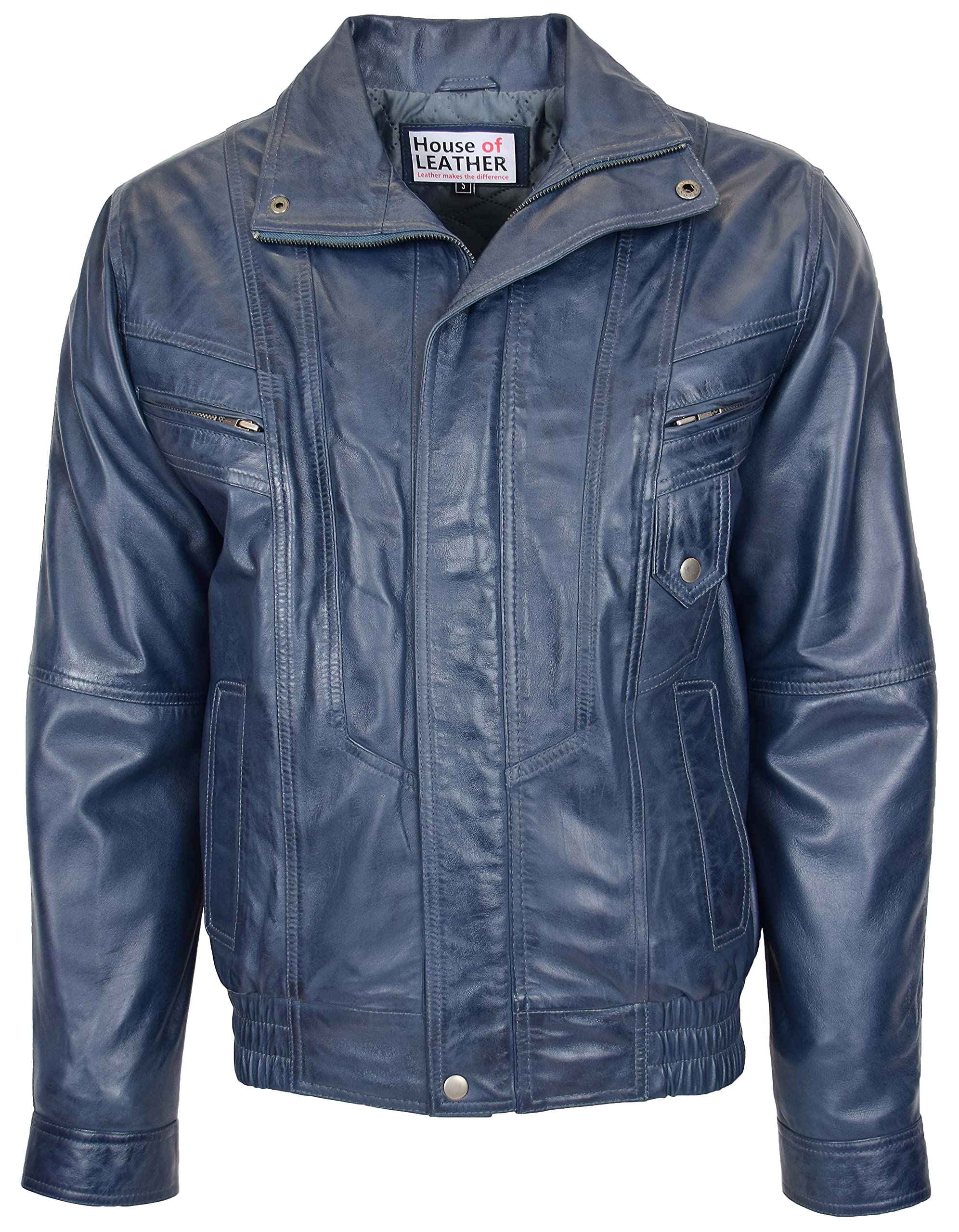 House Of Leather Men's Blue Real Leather Bomber Jacket Classic Blouson Style Robert (L, )