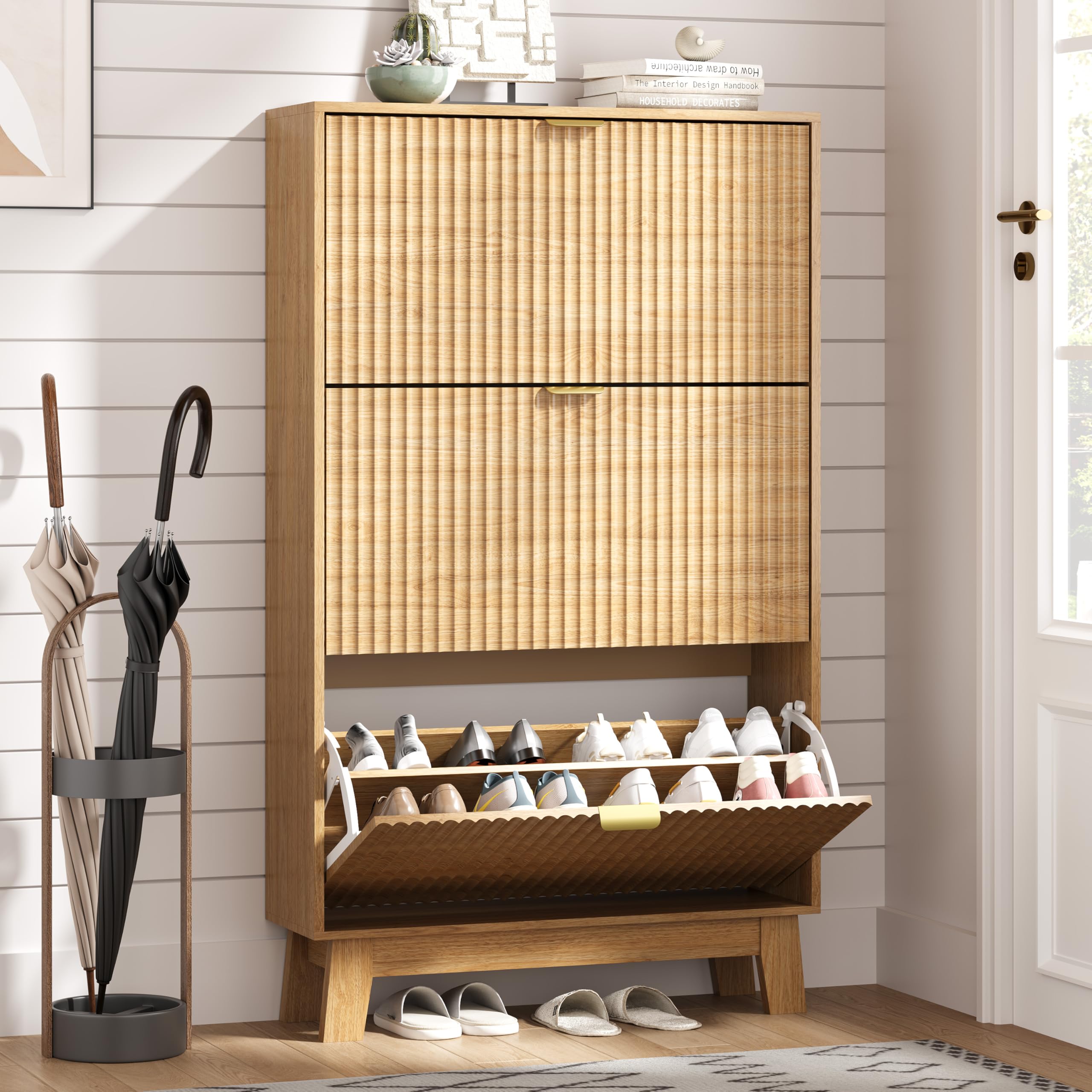 HUANLEGO Shoe Cabinet Storage for Entryway with 3 Flip Drawers, Fluted Narrow Shoe Organizer with Wooden Legs, Freestanding Slim Shoe Storage Hidden Shoe Rack Organizer for Front Door Entrance, Oak