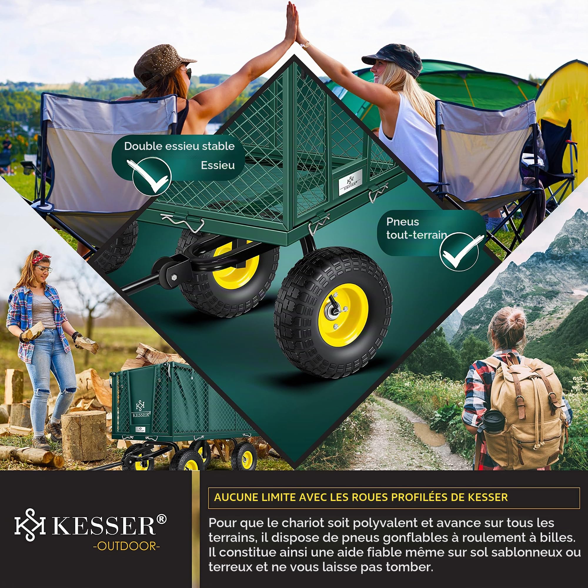 KESSER® - Chariot de transport polyvalent avec bâche amovible, charge maximale : 550 kg, idéal pour travaux de jardinage ou comme remorque, avec gants, Vert