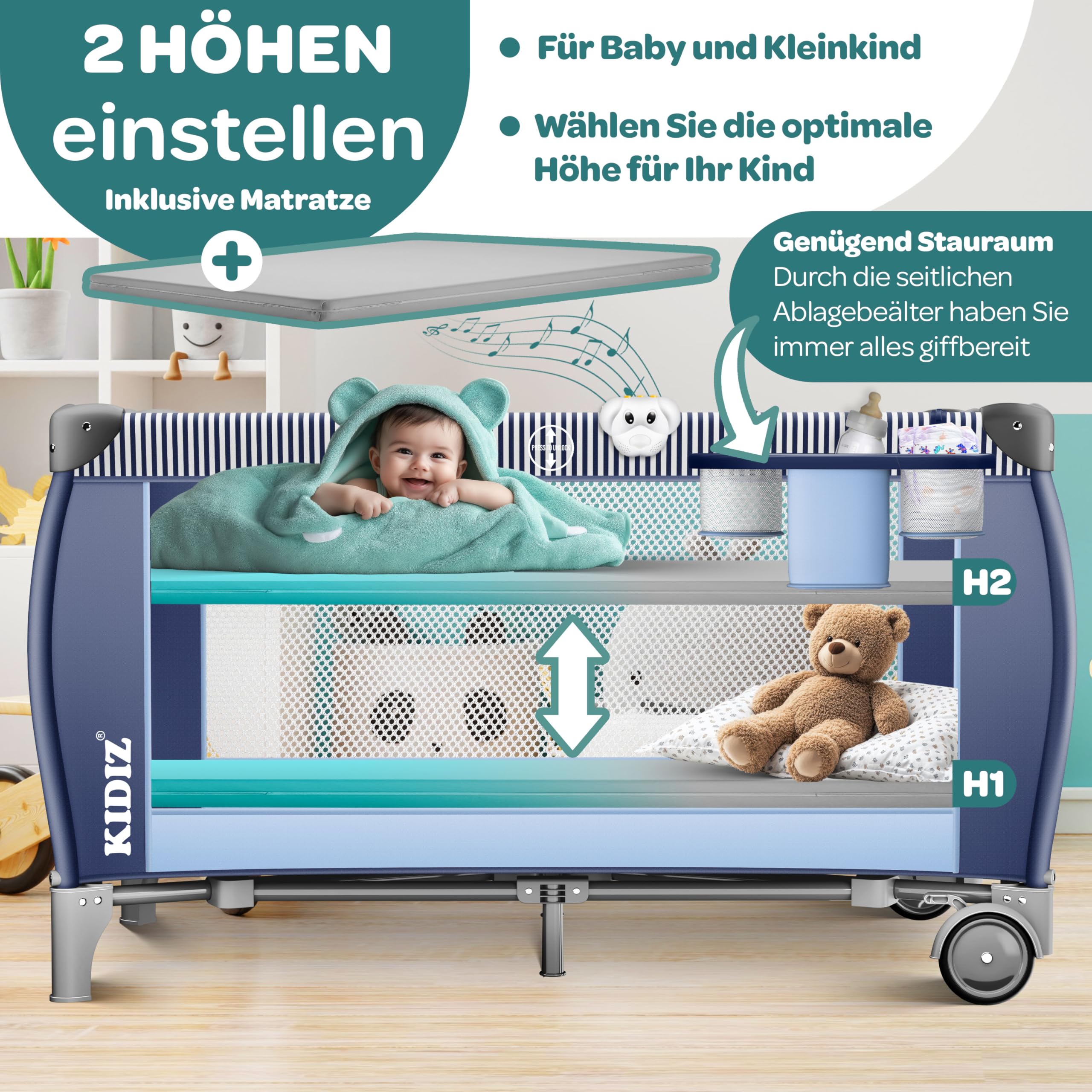KIDIZ® Łóżeczko dziecięce 3 w 1, turystyczne, zestaw kombi, łóżeczko z przewijakiem, moskitiera, kojec, do 15 kg, przewiewne ściany boczne z wejściem bocznym, składana torba transportowa, niebieski