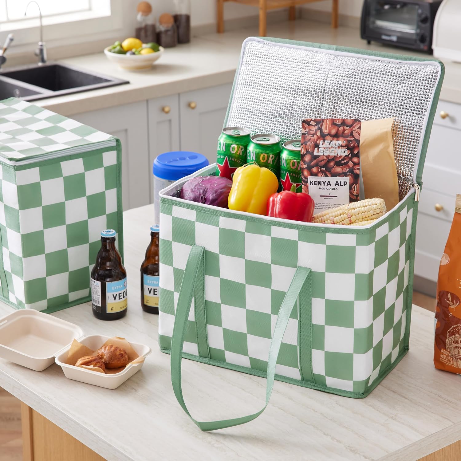 Ohocut Sage Green Checkered Insulated Grocery Bags 2 Pack, Checkerboard Cooler Shopping Bags for Groceries, Insulated Bags for Food Delivery image 2
