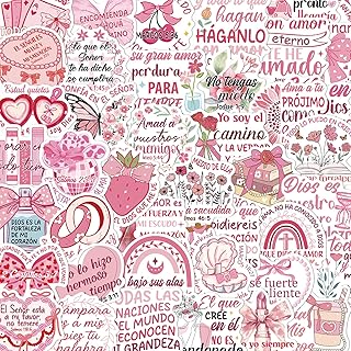 Falueqg Spanish Bible Verse Stickers - 50Pcs Pink Inspirational Christian Stickers, Waterproof Religious Jesus Scripture Decals, Aesthetic Faith Decals for Water Bottle Laptop Scrapbook Journaling