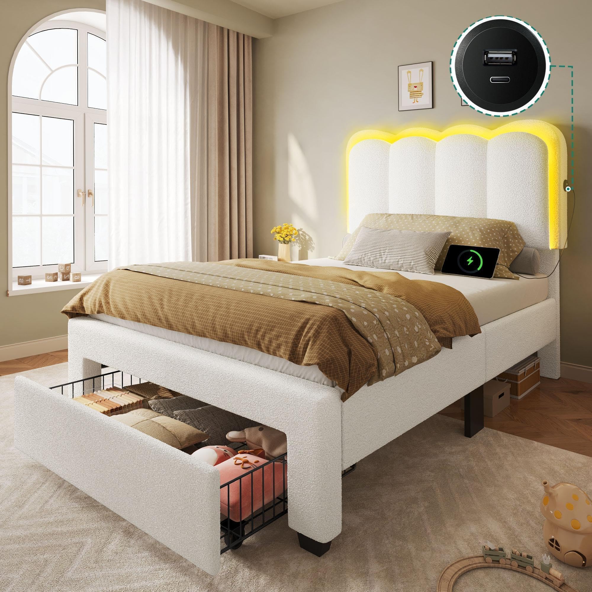 YITAHOME Twin Size Bed Frame with Drawer, Adjustable Headboard with Charging Station and LED Lights, Upholstered Platform Bed with Heavy Duty Wood Slats, No Box Spring Needed, Easy Assembly, Beige