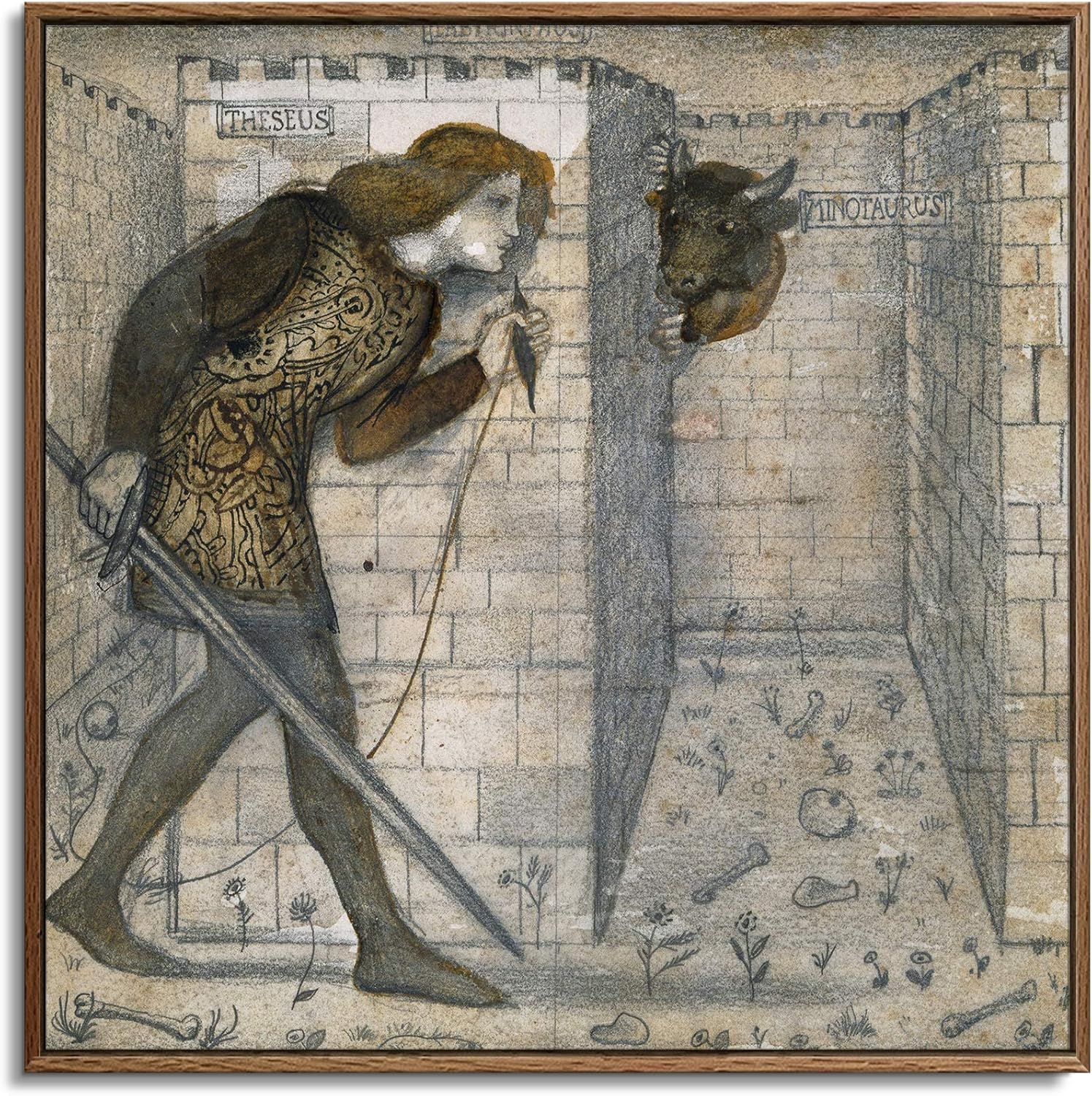 Square Floating Frame Canvas Print Wall Art - Fairy Tale Illustration Poor Little Basse Girl with Bear by Swedish Painter John Bauer - 24x24 inches