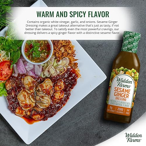 Miniatura 3 de Walden Farms Aderezo de jengibre y sésamo, botella de 12.oz (paquete de 2)  Fresco y delicioso, 0.00 oz de carbohidratos netos, condimento Kosher,