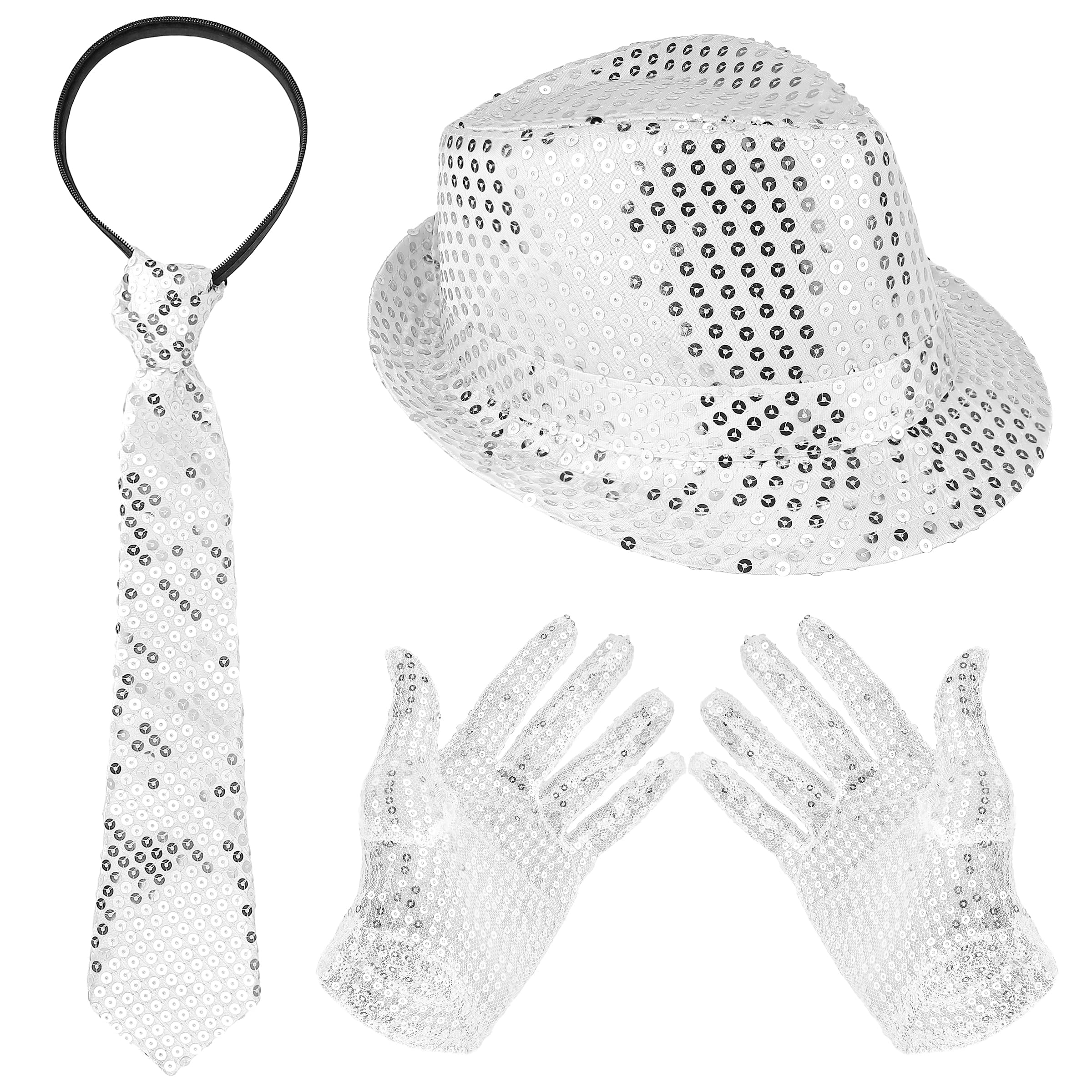 LNQ LUNIQI 3Pcs Women Disco Fancy Dress Accessories 70s with Sequin Hat Silver Sequin Gloves Bling Tie Glitter Costume for Hip-Hop Dance Theme Party Masquerade