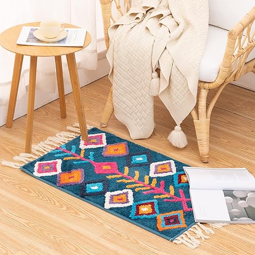 Miniatura 4 de Alfombra de baño bohemia con borlas, color azul marino, antideslizante, con flecos, para casa de campo, alfombra de baño esponjosa, lavable para