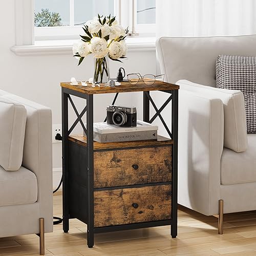 Miniatura 6 de Juego de 2 mesitas de noche con estación de carga, mesita de noche pequeña con almacenamiento, mesa auxiliar con puertos USB y tomas, con cajones de