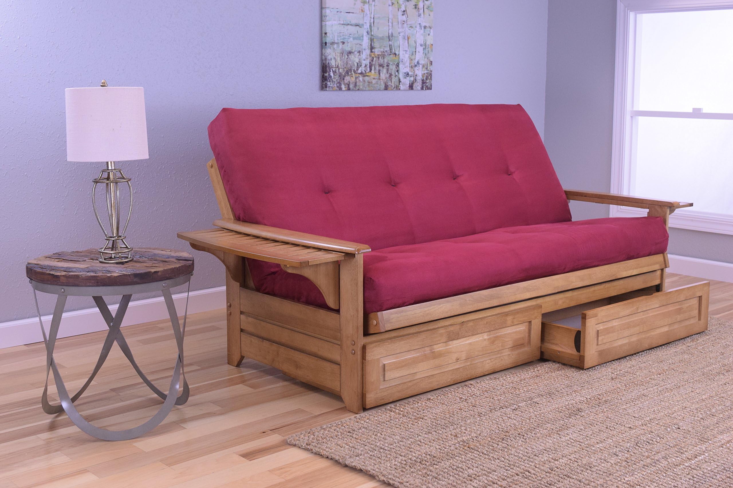 Michael Anthony Furniture Phoenix Full Size Sofa Futon and Drawer Set, Butternut Wood Frame and Suede Innerspring Mattress, Red