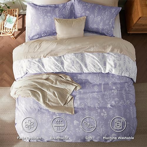 Miniatura 3 de Bedsure Funda de edredón tamaño Queen bonito juego de funda de edredón floral reversible con cierre de cremallera, juego de ropa de cama lila