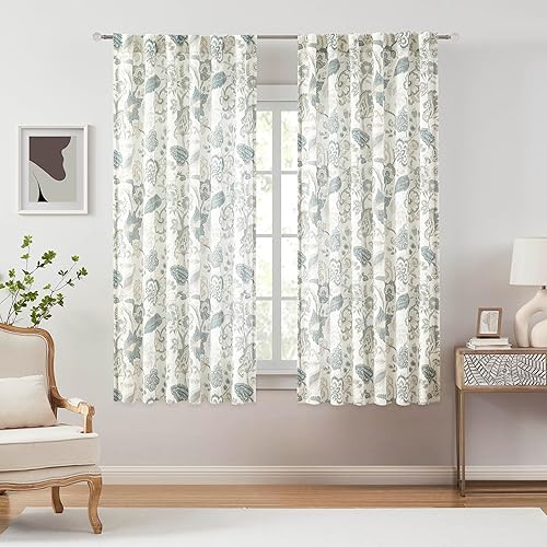 Cortinas semitraslúcidas con estampado botánico de hojas florales azules y grises, cortinas de lino para filtrar la luz, para sala de estar,