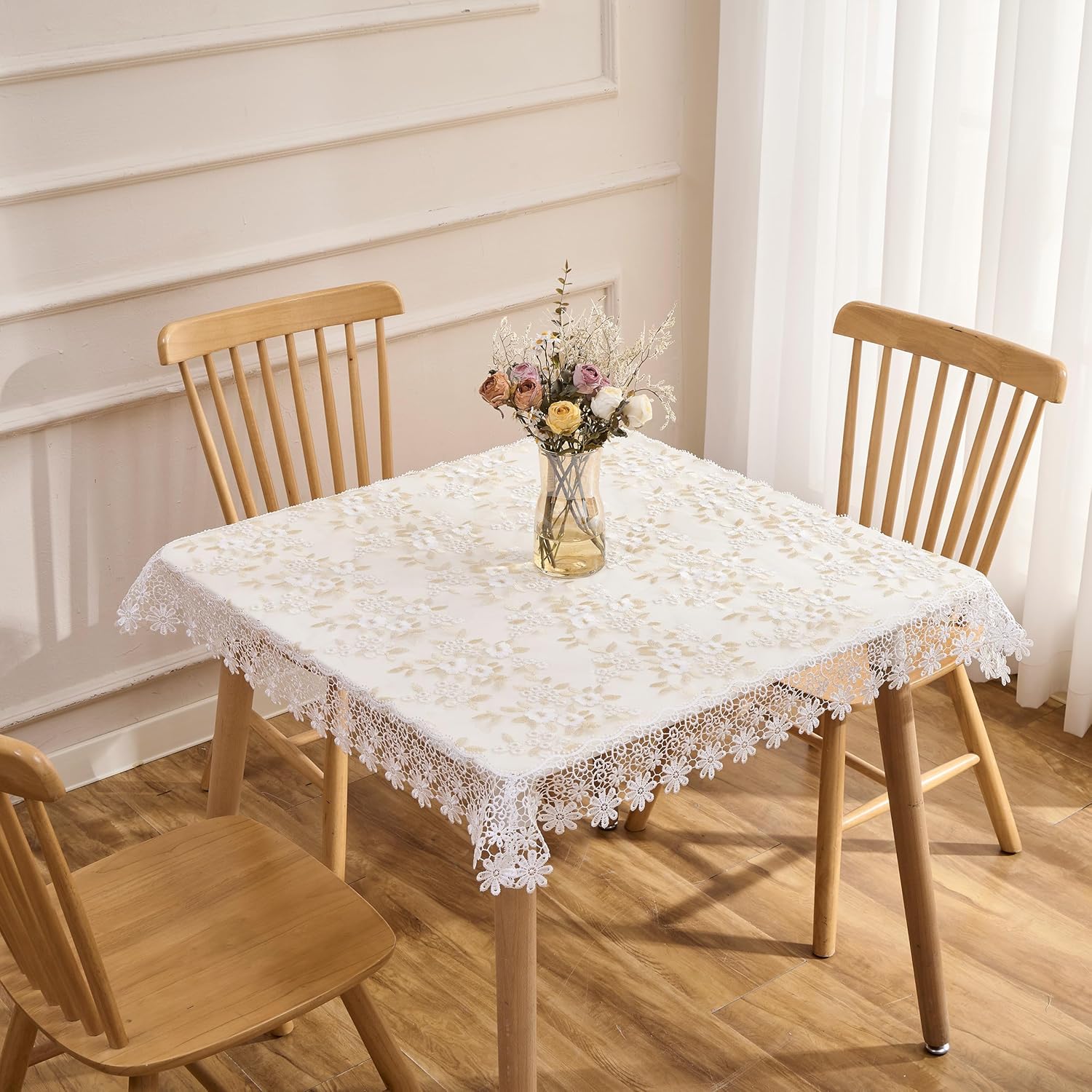 Floral Lace Tablecloth Ivory with White Gold Embroidered Flowers 33”x33” Square Small Table Cover (White & Ivory, 33”x33” Square)