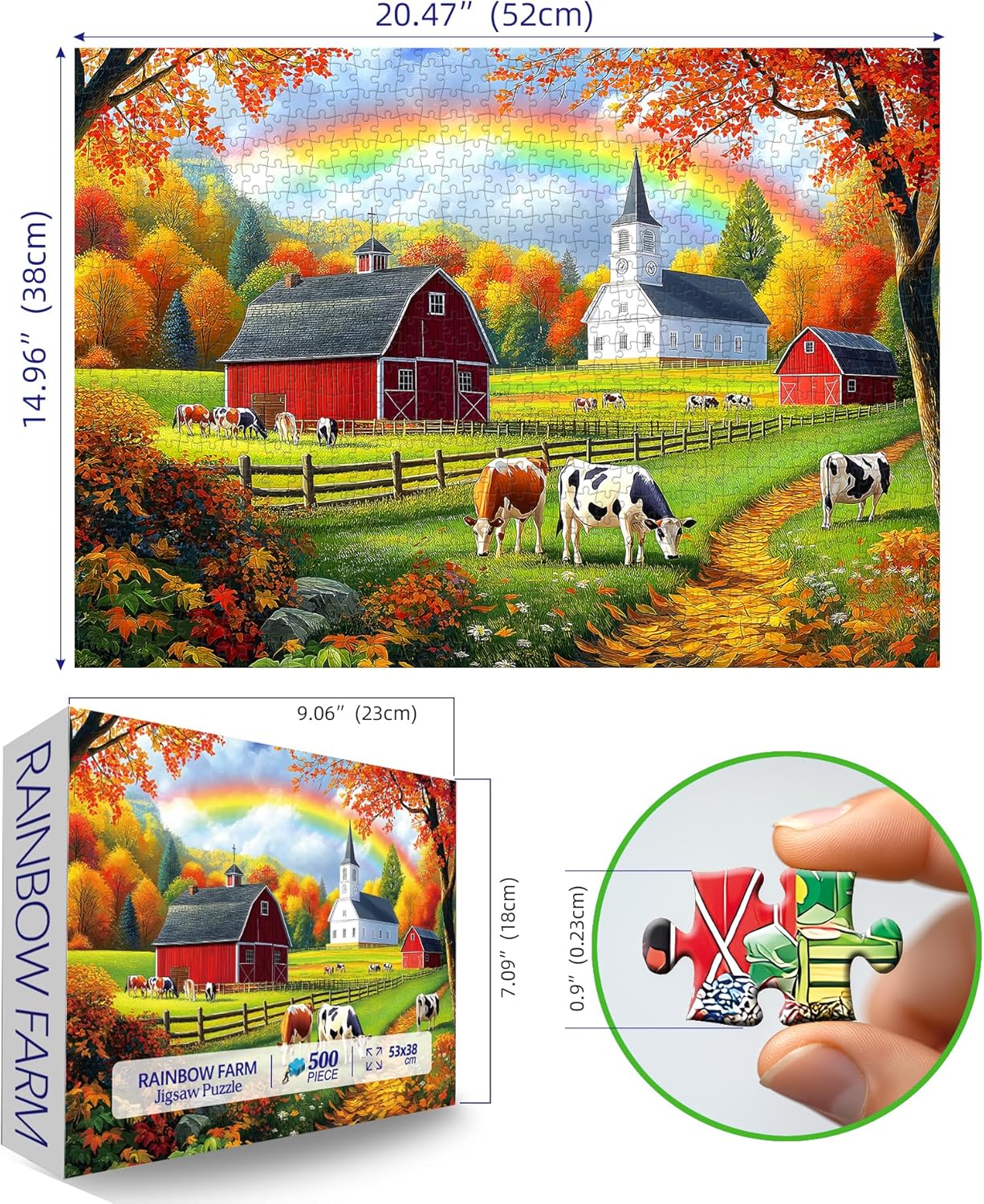 MINIWAN 500 Piece Jigsaw Puzzle for Adults - Autumn Farm Cow Puzzle with Red Barn & Rainbow - 23" x 15" Puzzle with Reference Poster & Lettered Back