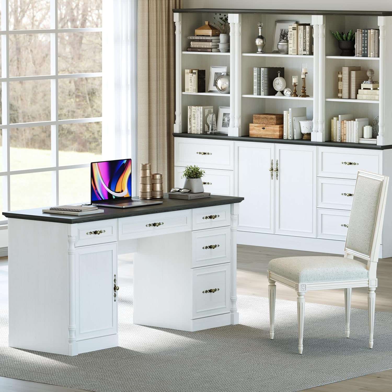 Farmhouse Executive Desk with Storage Drawers and File Cabinet, 60" Vintage Home Office Desk with Power Outlet and Roman Column, Wood Computer Desk with Keyboard Tray for Work and Study, Antique White