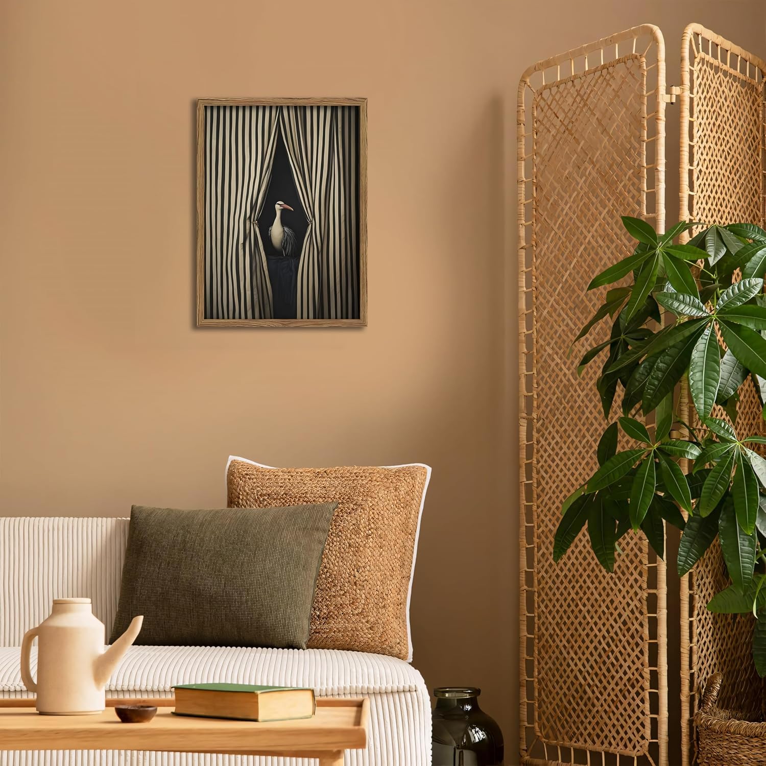 JZMGGQQ Framed Moody Crane Wall Art with Wood Frame, Vintage Eclectic Bird Decor, Surreal Black and White Striped Crane Canvas for Living Room Bedroom Bathroom Dorm 16x12 Inch