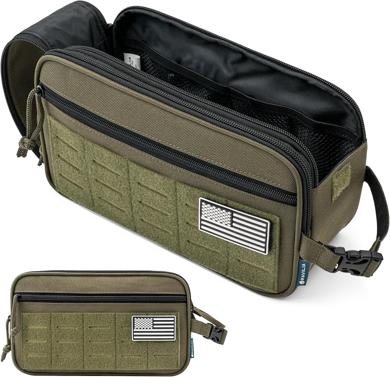 PAVILIA Tactical Toiletry Bag Men, Water Resistant Molle Military, Olive XL