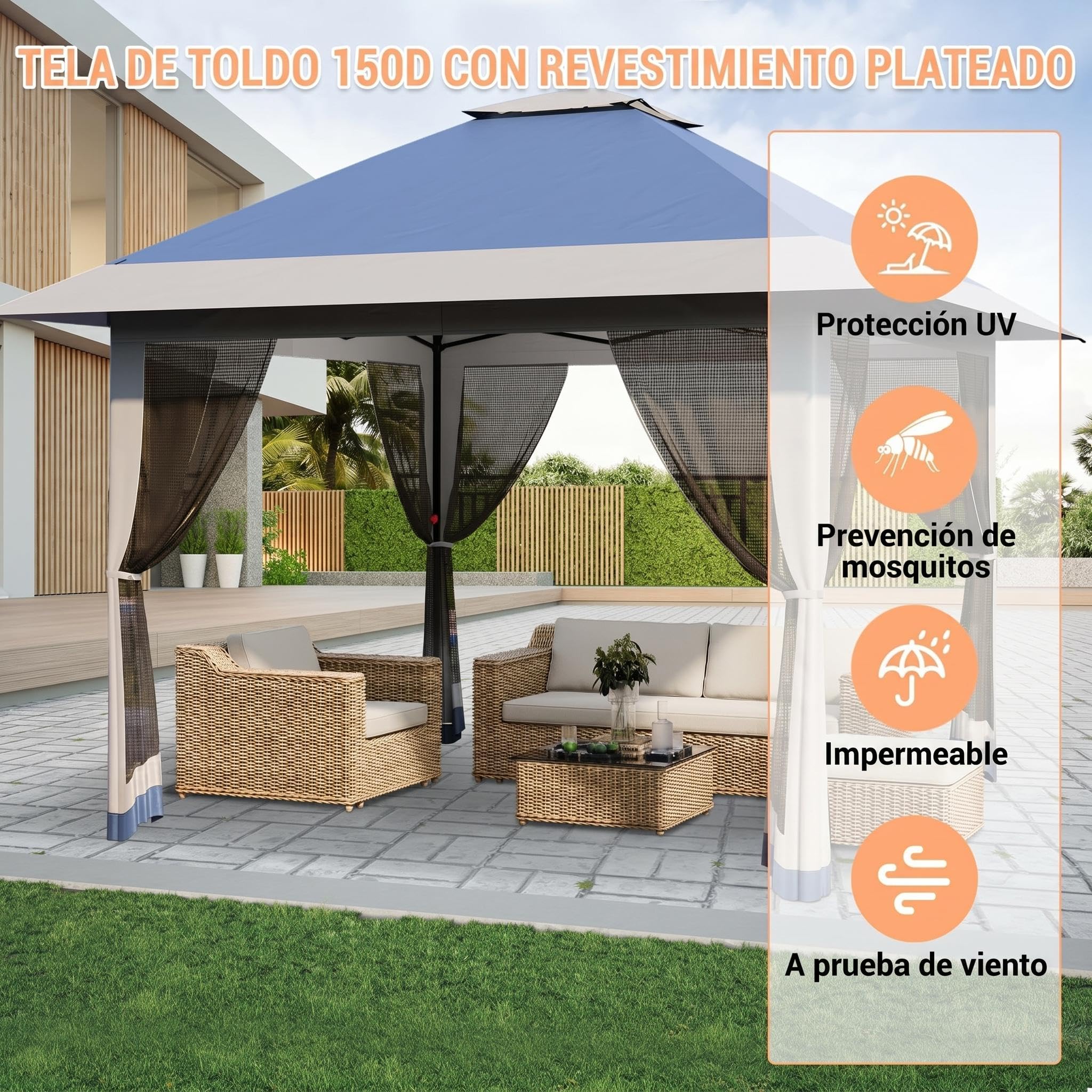 GarveeLife Carpa Plegable Pop-up 3x3 m Cenador con Techo Doble Cobertura Sol Extraancha, Mosquitera, Altura Ajustable 3 Niveles, Impermeable y Antiviento, Pergolas de Jardin para Fiesta y Camping-Azul