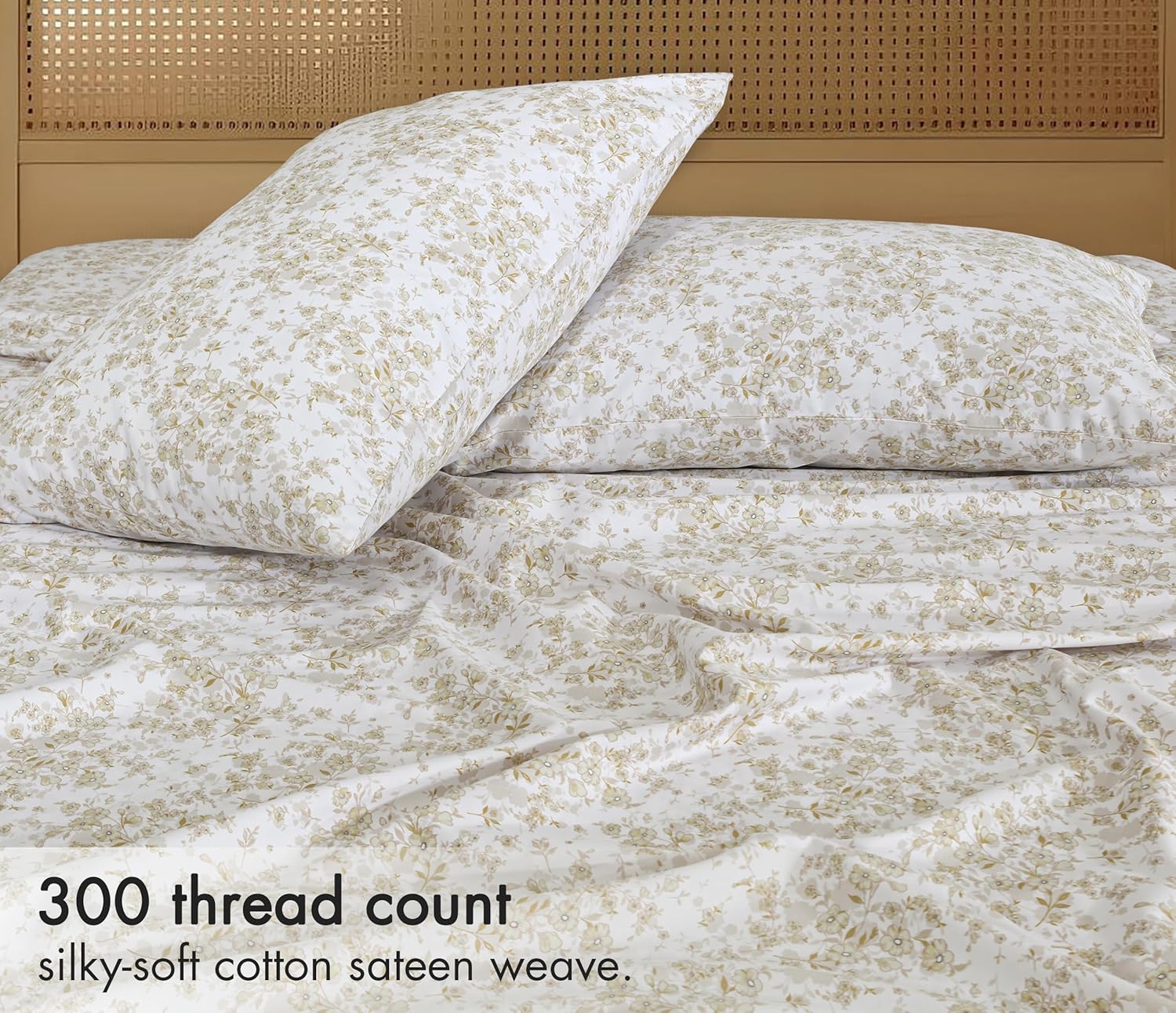 RUVANTI 100% Cotton Sheets Queen Size Bed Set - 300 Thread Count Silky Soft Sateen Weave, Cooling, Lightweight & Breathable, 16" Deep Pocket, Durable & Luxury Satin-Like, 4 Piece, Classic Bliss