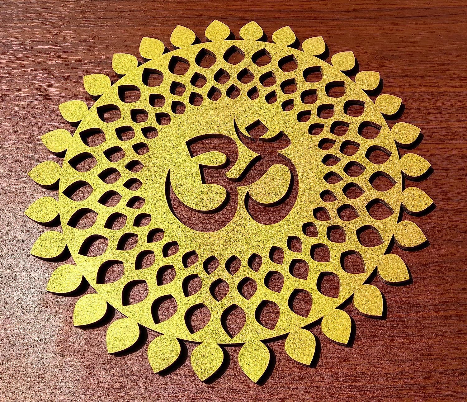 Golden Om Round Decorative Wall Art MDF Om Chakra for Temple, Living Room, Bedroom, Office, Hotel, Home Decor Items, Gift Item, Mandala Wall Hanging (Mandala Om-Gold, 45X45CM)