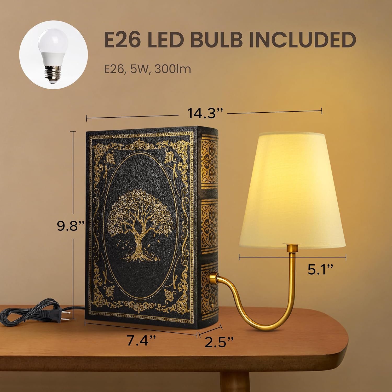 AELS Vintage Bookshelf Lamp with Bulb, Table Lamp with Linen Shade, 3-Color Dimmable Touch Control, Modern Farmhouse, Book Sconce for Office Home Bedroom Bookshelf, Tree of Life on Black & Gold