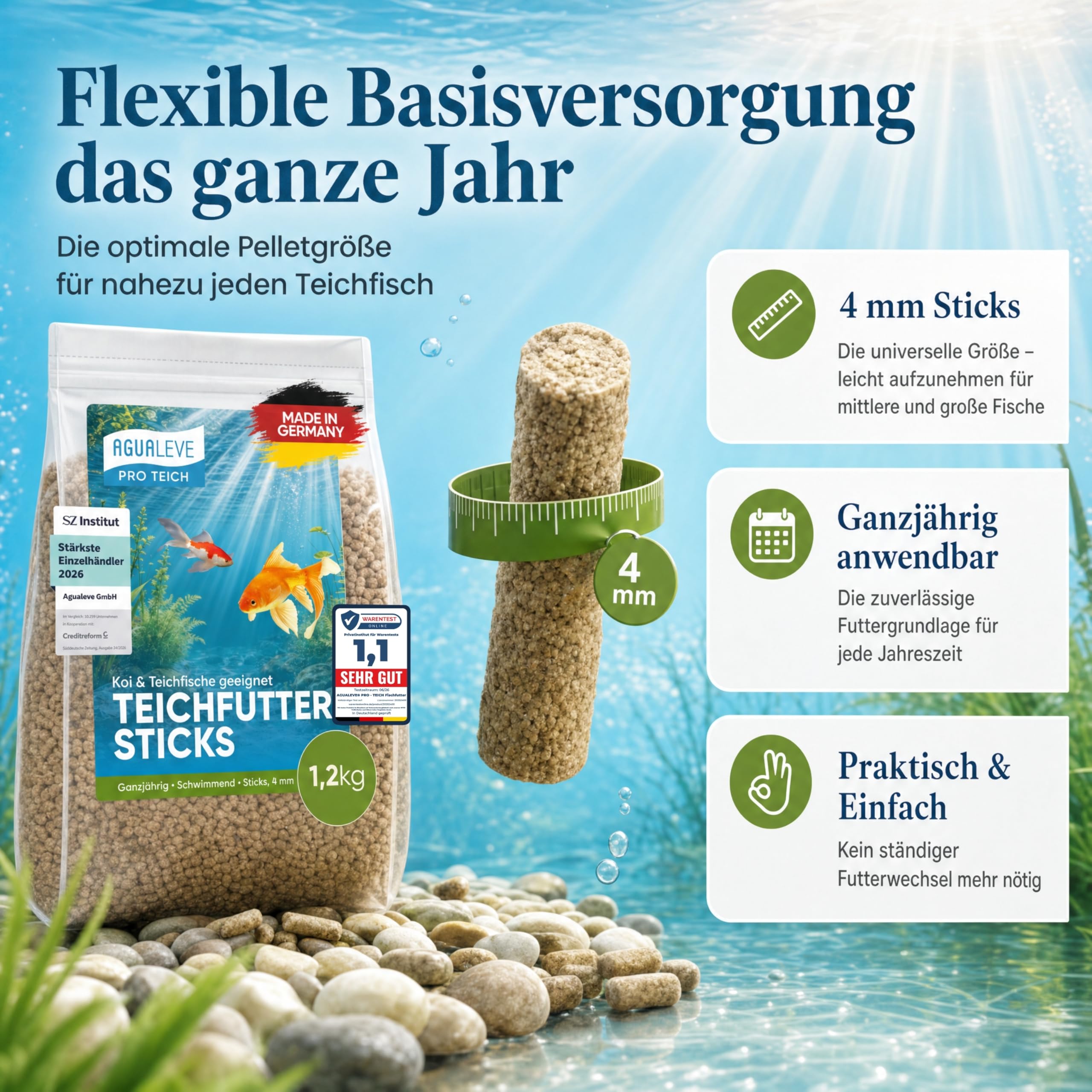 PRO TEICH Teichfutter Sticks 15 L (ca. 1,2 kg) – ganzjährig | schwimmende Sticks 4 mm | Koi & Teichfische | gut sichtbar | Weizenkeim, ausgewogene Nährstoffbasis | Made in Germany
