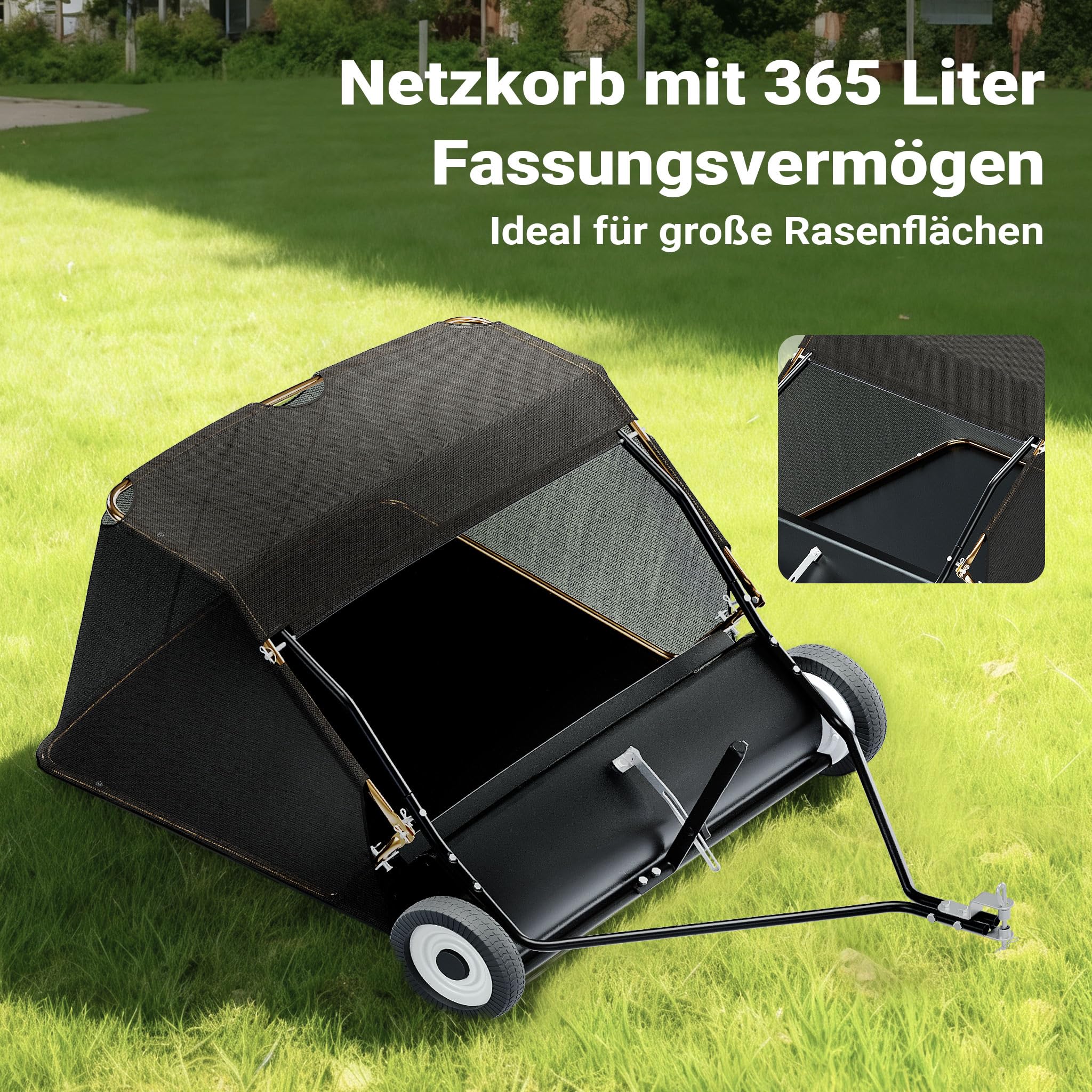 Wiltec Rasenkehrmaschine mit 105 cm Kehrbreite, Rasenkehrer für Aufsitzmäher, Laubsammler mit 365 l Auffangnetz Laubkehrmaschine für Rasentraktor