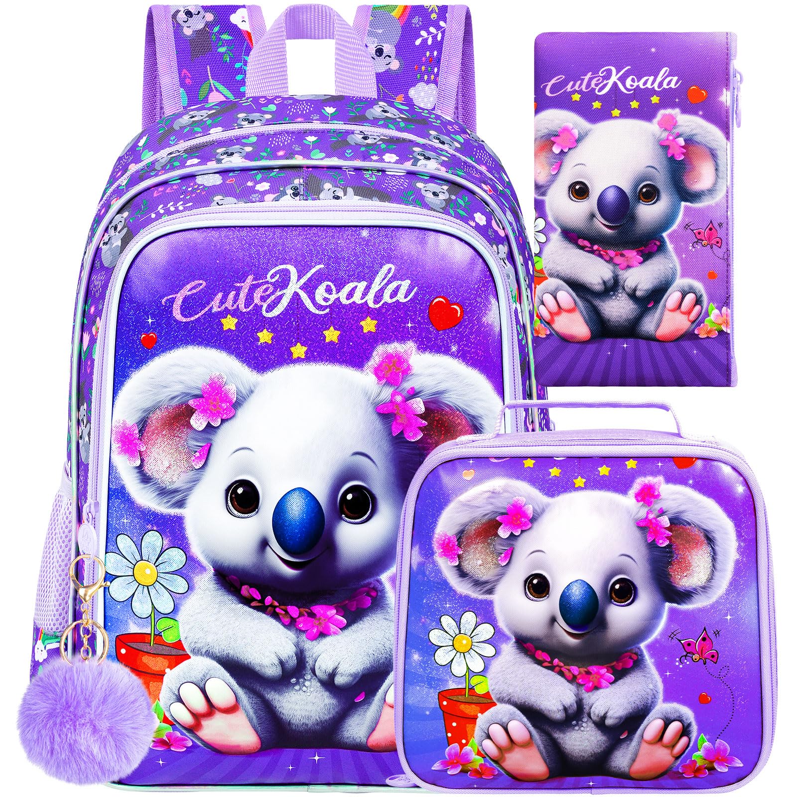 CCJPX 3PCS Backpack for Girls, 16" Koala Preschool Bookbag with Lunch Box，Kids Water Resistant School Backpacks for Elementary Kindergarten