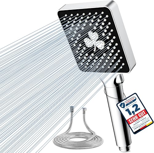 Magichome Alcachofa de Ducha Cuadrado Alta Presión con Manguera 1.5M | Cabezal de Ducha de Mano, Lluvia, Ahorro de Agua, Cromado, 6 Tipos de Chorro, Grande, Ideal para el Hogar y el Baño