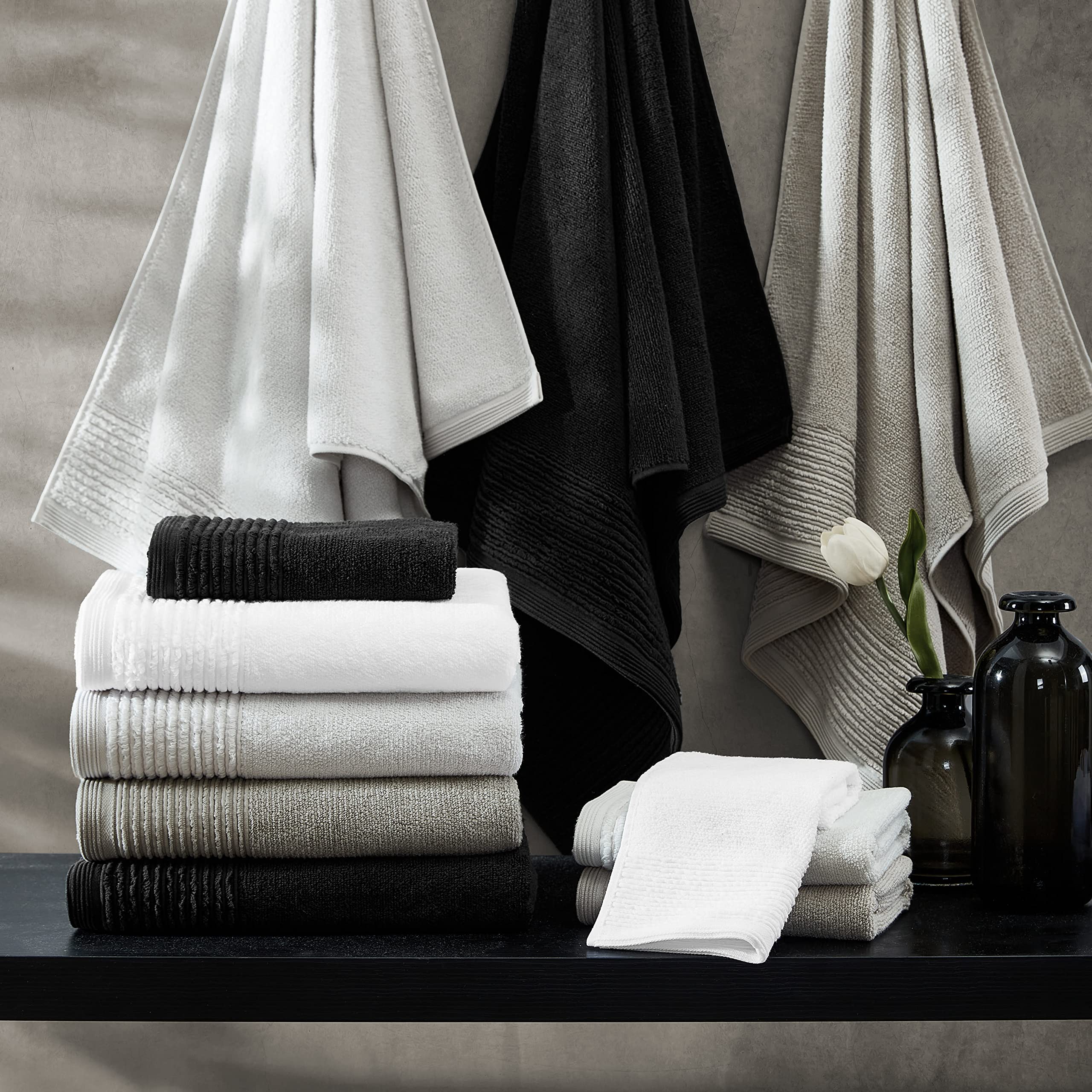 Vera Wang Lot de 6 Serviettes de Bain, en Tissu éponge 100% Coton Doux et Absorbant, résistant au Boulochage et à la décoloration, Poids Moyen (pli soufflé, Noir)