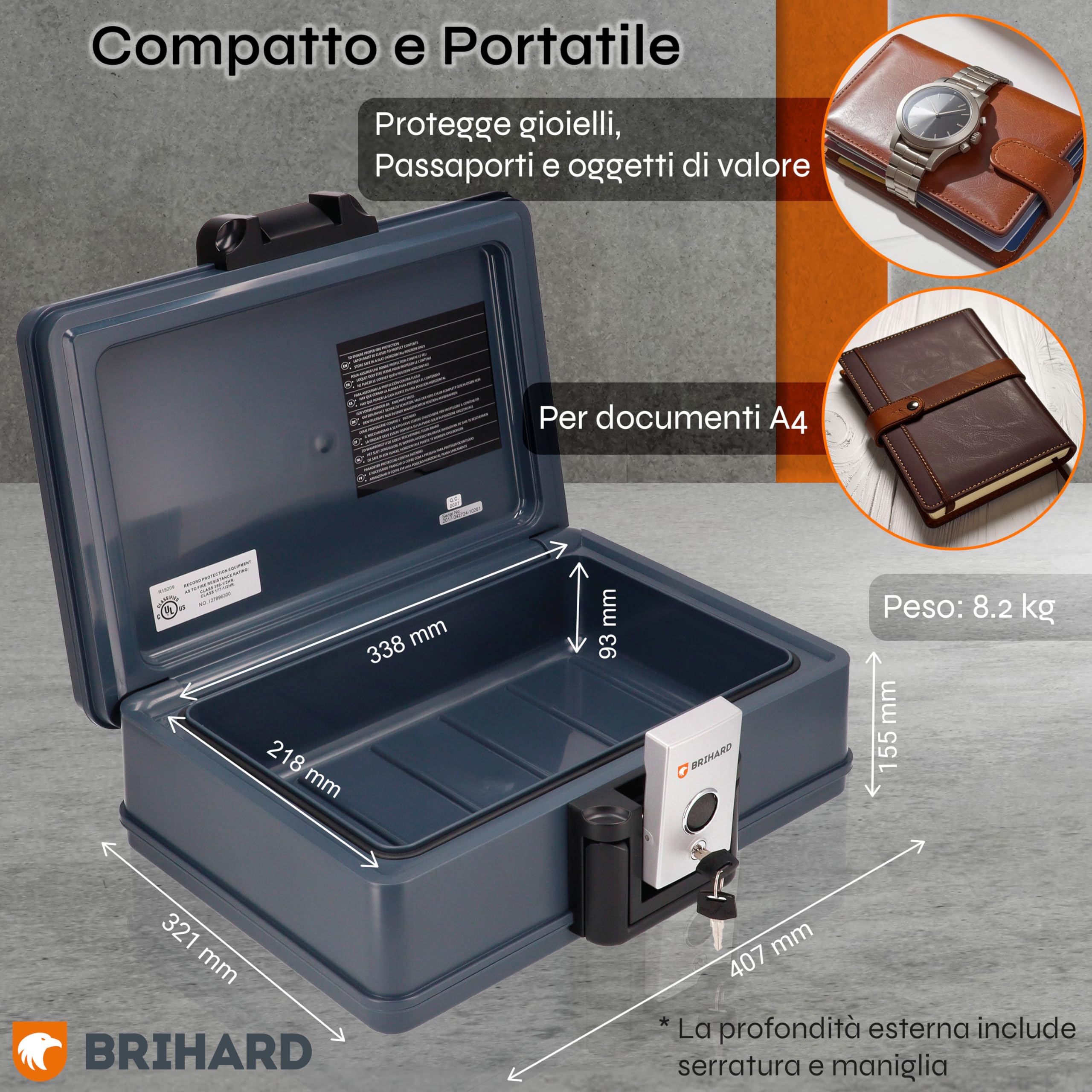 Cassaforte Portatile Certificata 2017, A4 - Scatola di Sicurezza Impermeabile e Ignifuga con Serratura a Chiave, Protezione di Valori e Documenti, H 15,5 x L 40,7 x P 32,1 cm