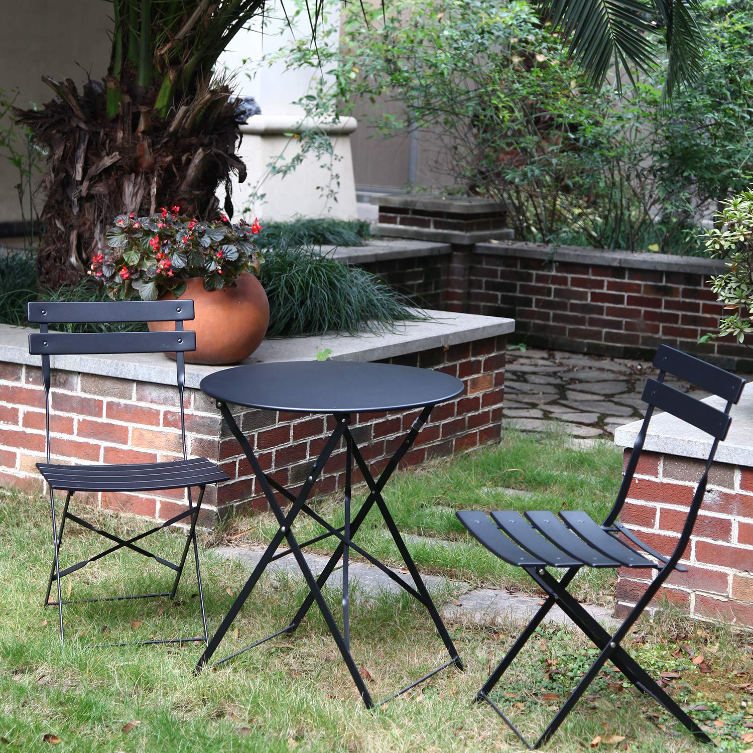 Grand patio Set Bistrò Veranda, 1 Tavolo e 2 Sedie, Ripiegabile, Set da Balcone, Struttura in Metallo, salvaspazio, Set arredo Giardino per Balcone, Esterno (Nero)