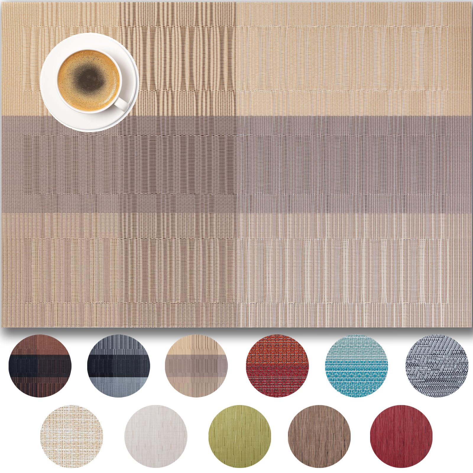 Placemats Set of 4 - Easy Clean Woven Vinyl Placemats for Dining Table, Indoor/Outdoor Place Mats, Washable PVC Table Mats （Gold Dune）