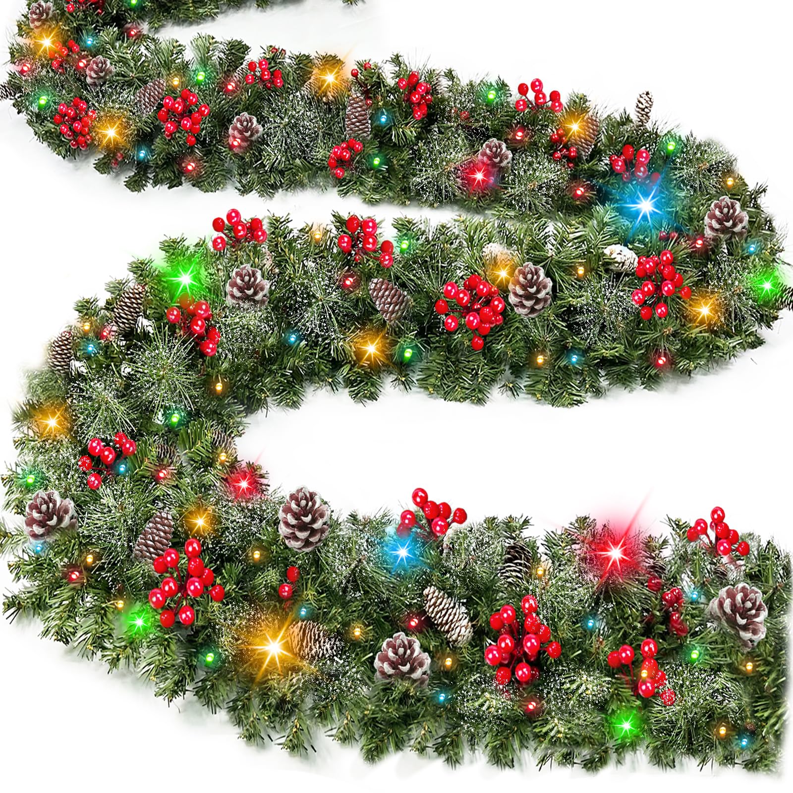 [ Timer & 8 Modes ] TURNMEON 9 Ft Christmas Garland with 50 Colorful Lights Thicker 270 Branchs Tips 10 Pinecones 70 Red Berries Lighted Garland Christmas Decorations Mantel