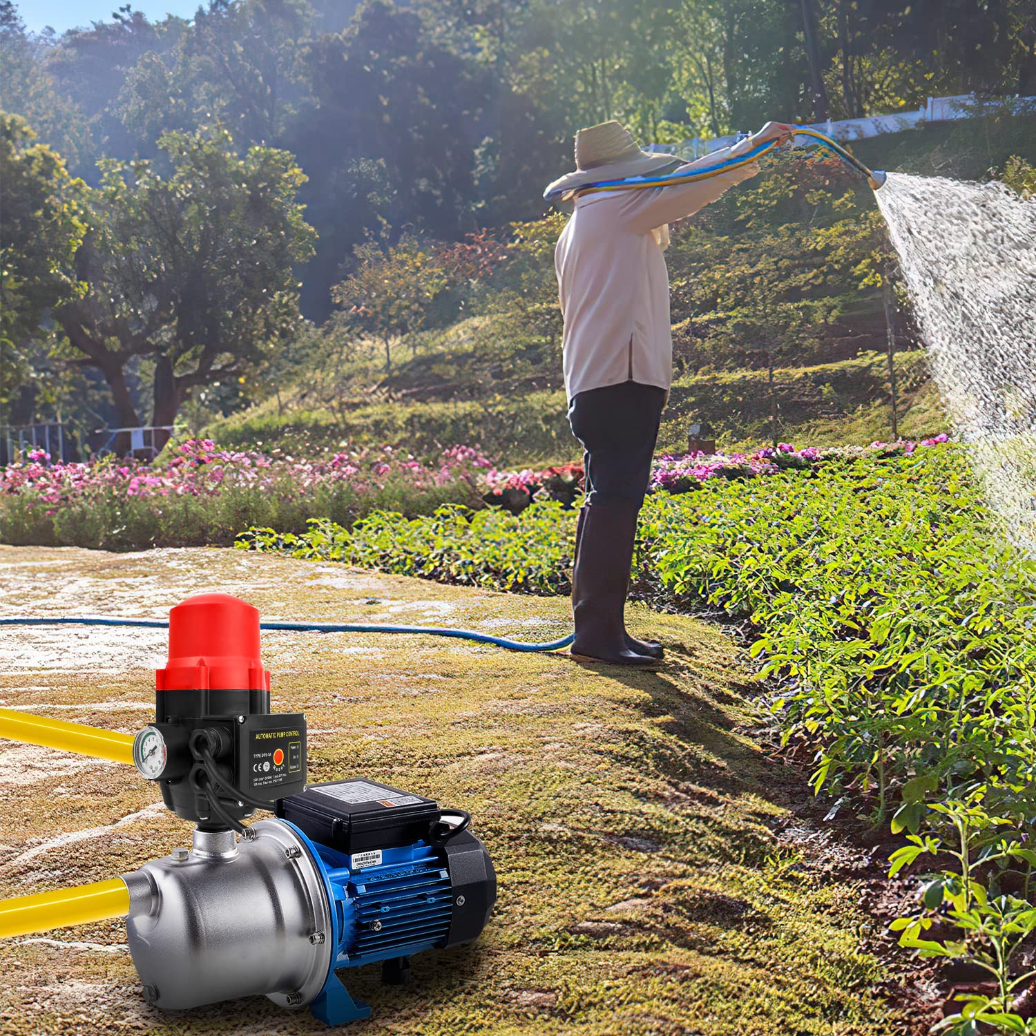 Ikodm Commande de pompe avec indicateur de bar et câble, Pressostat de 10 bar Marche/Arrêt Automatique Pression d'eau Constante pour Jardin Maison, Contrôle la pression de l'eau, Rouge
