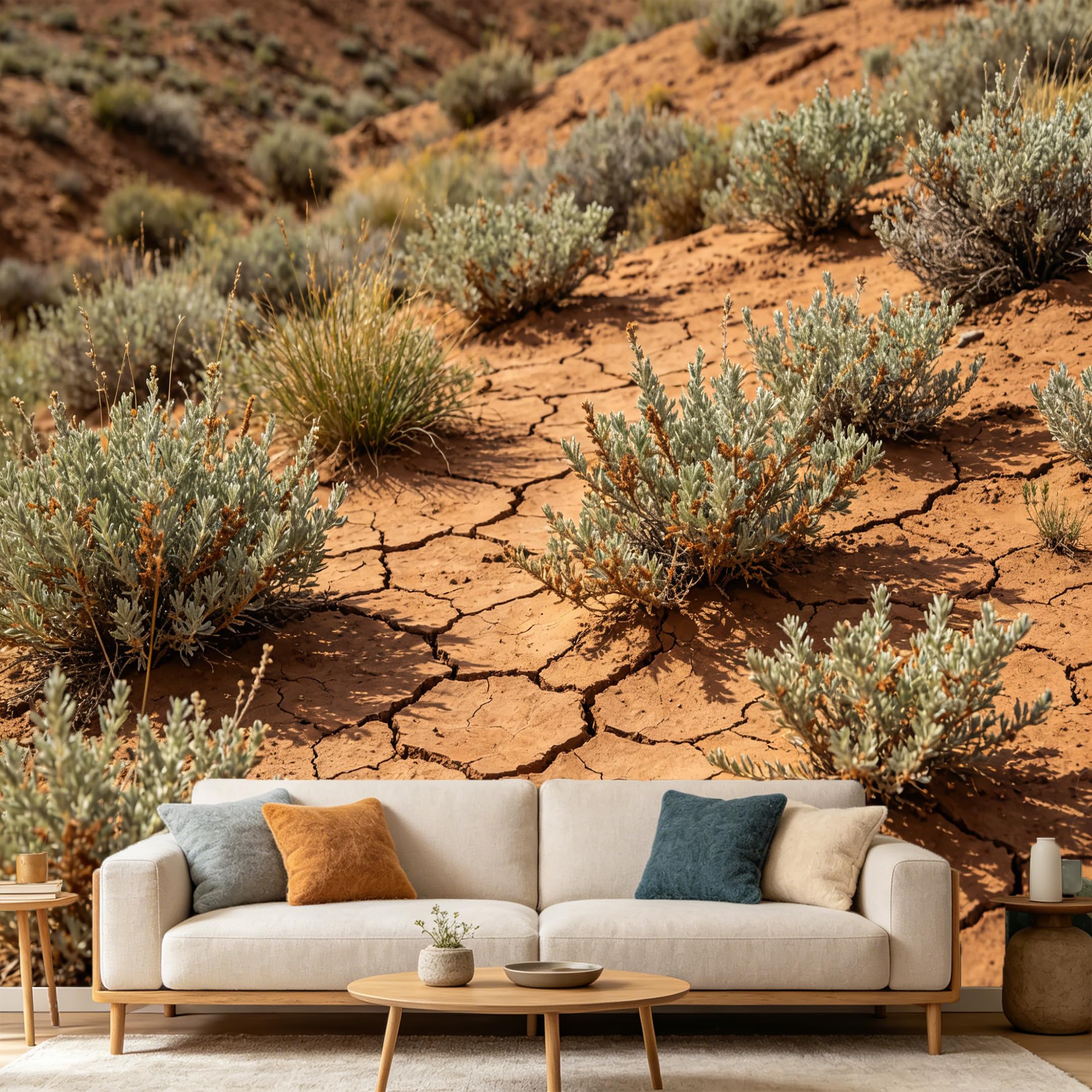 Custom Size Wall Mural Desert Landscape Dry Cracked Earth Western Sagebrush Scenery SelfAdhesive Art Prints wall Fabric（No PVC） Removable Wallpaper Home Bedroom Decor