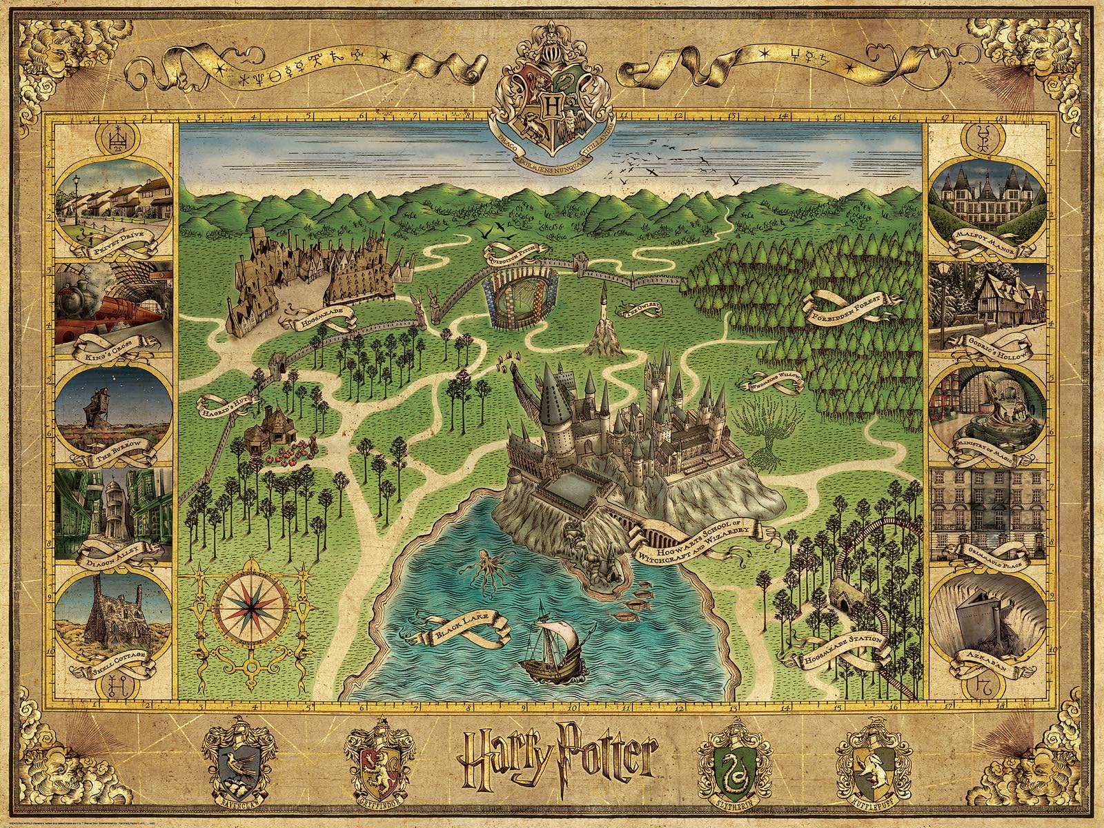 1500‑Piece Hogwarts Map Puzzle – Magical Illustrated Map Featuring 19 Wizarding Locations Including Hogwarts, Diagon Alley, Hogsmeade & House Crests, SoftClick Fit | 16599‑5