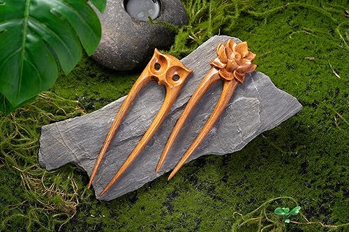 Miniatura 2 de Handicraftviet Horquillas de pelo de madera talladas a mano para mujer, barra de pelo de dos puntas para cabello largo, 6.29 pulgadas, madera de