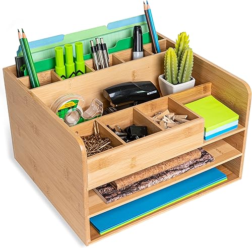 Organizador de escritorio de madera de bambú, almacenamiento máximo con dos bandejas de archivos, archivos verticales, bolígrafos, almohadillas y