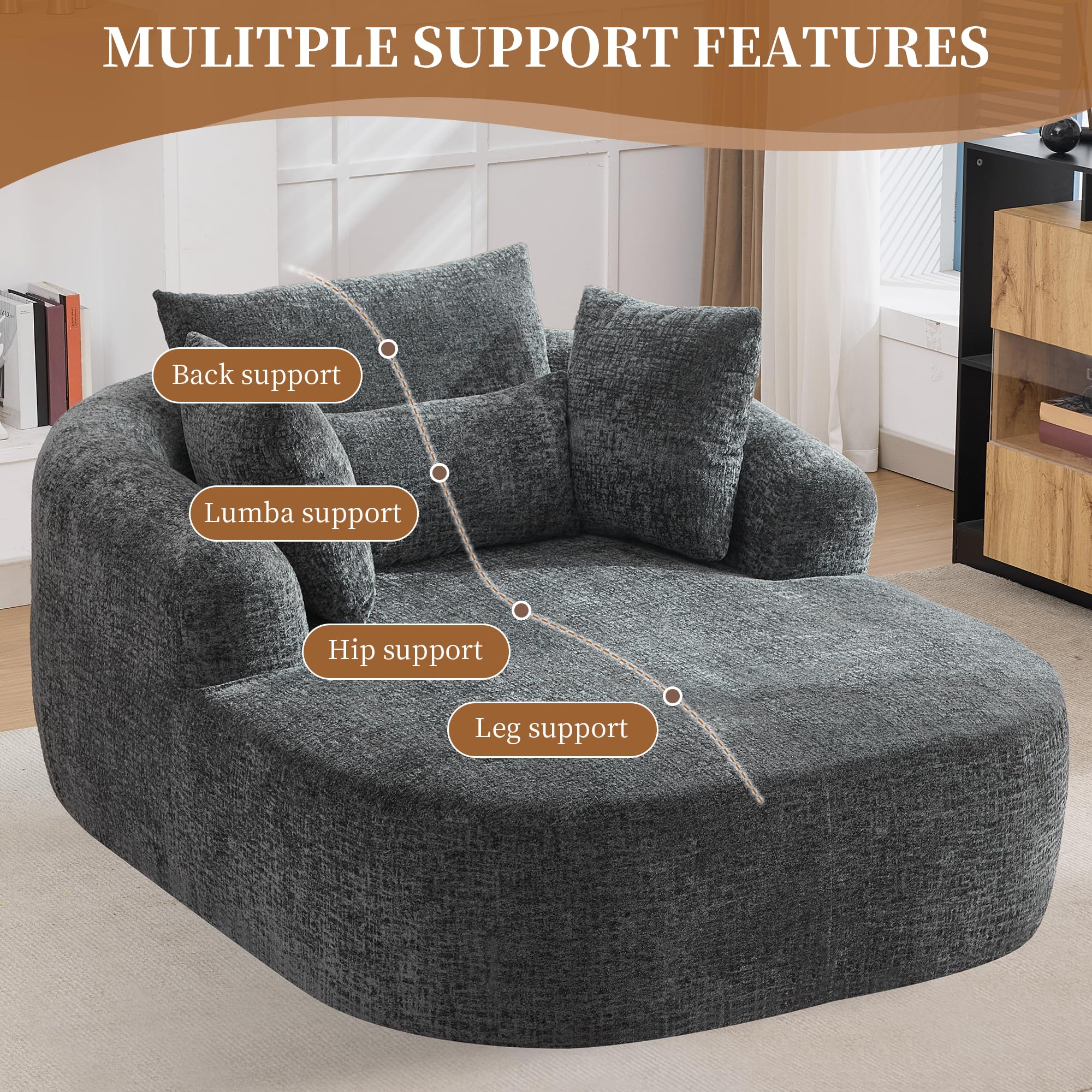 Gemütliche Chaiselongue aus Chenille-Stoff, übergroßes, geschwungenes Akzentsofa mit 4 Zierkissen, modernes Polstersofa für Wohnzimmer, Schlafzimmer oder Wohnung (Grau)