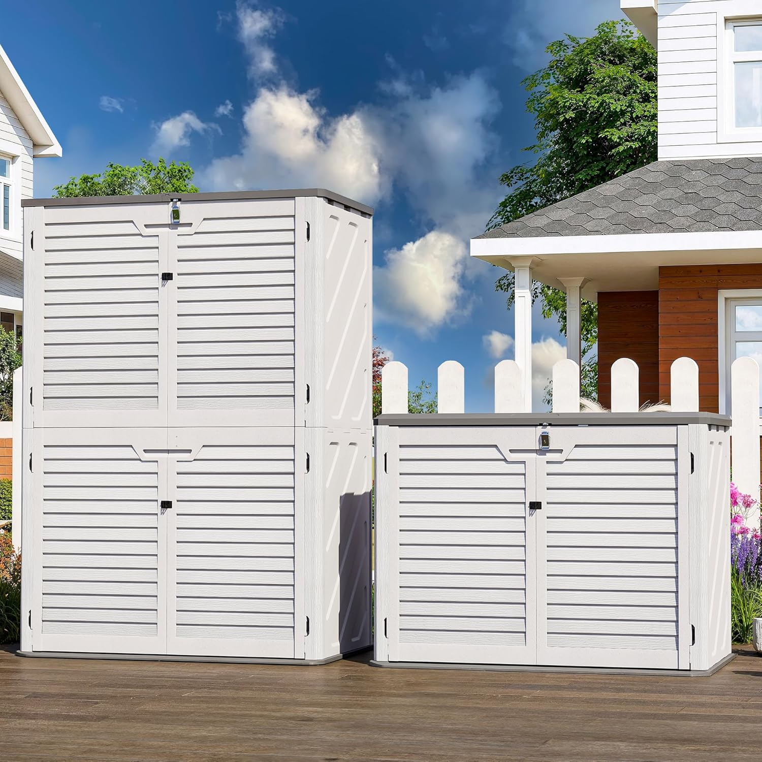 65 Cu.Ft Outdoor Storage Shed, Lockable Outdoor Vertical Resin Storage Cabinet with Floor, All-Weather Waterproof Shed for Garden, Backyard, Pool (65 cu ft)